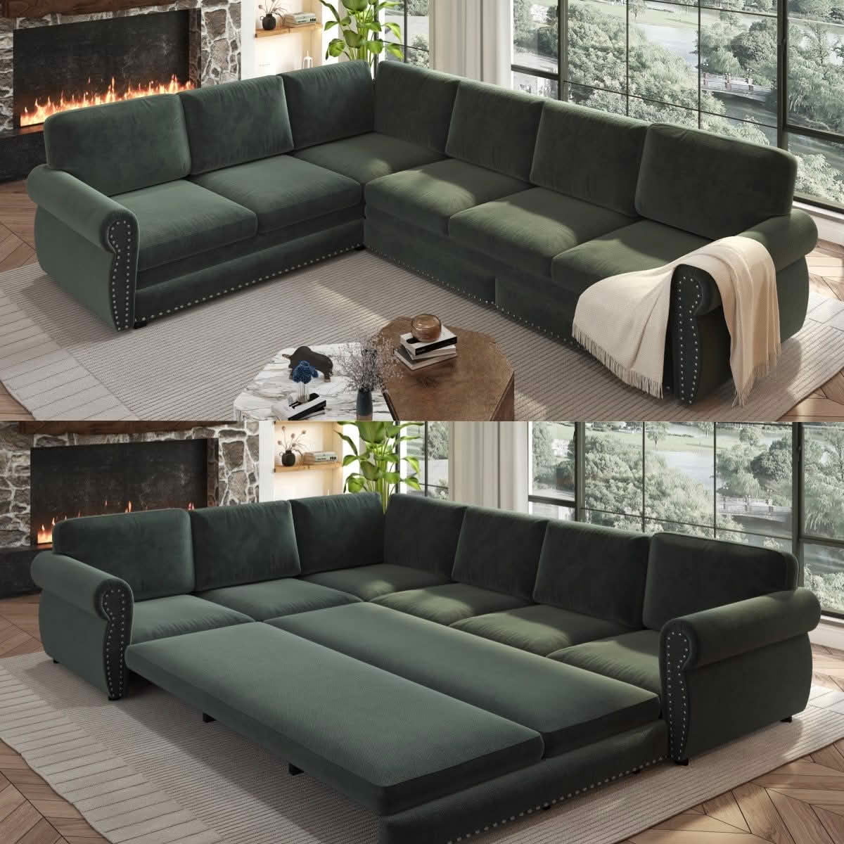 MAYEERTY 118" L‑Shaped Convertible Pull‑Out Sofa Bed, Chenille Sectional Couch with Nailhead Trim & Rolled Arms, Oversized Multifunctional Sleeper Sofa