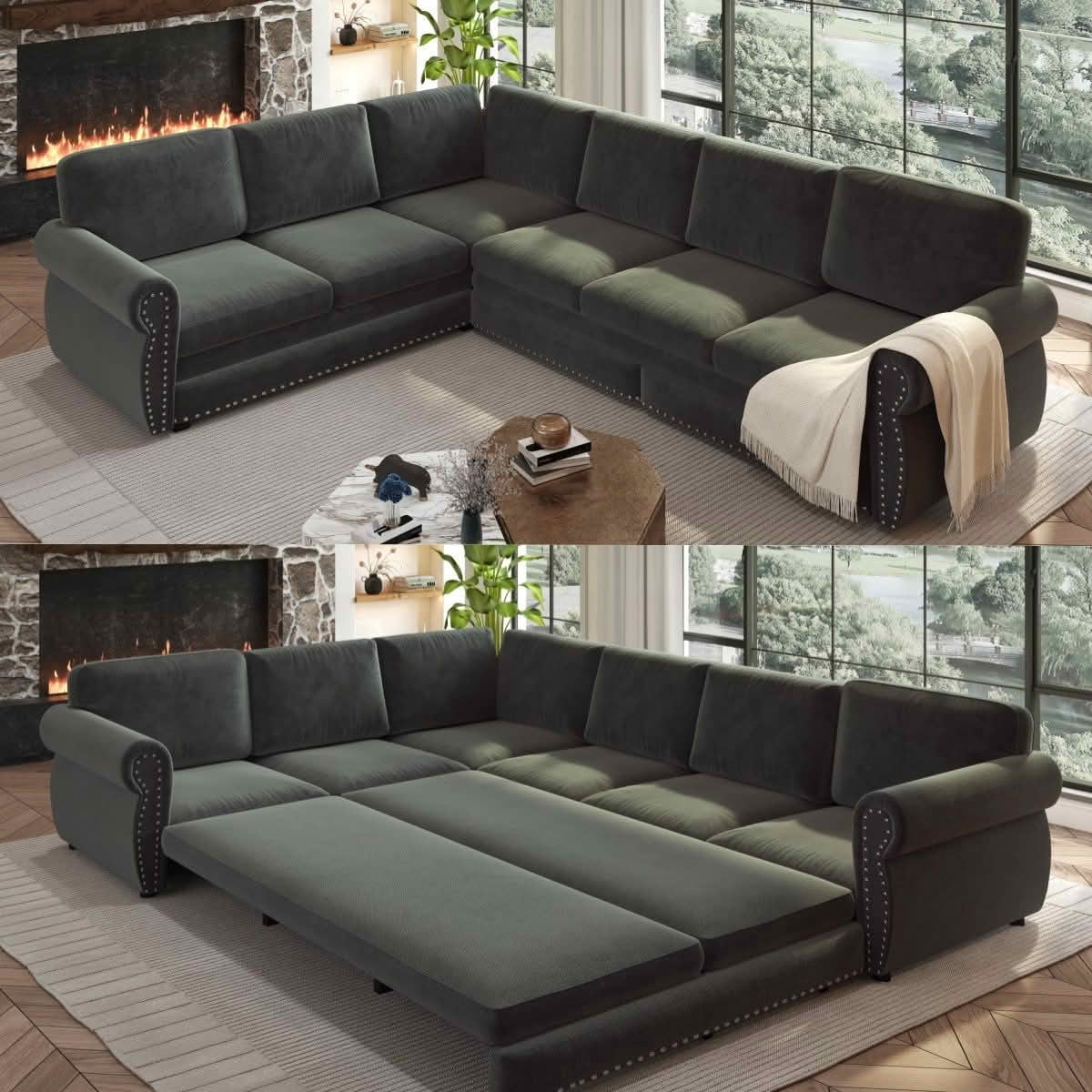MAYEERTY 118" L‑Shaped Convertible Pull‑Out Sofa Bed, Chenille Sectional Couch with Nailhead Trim & Rolled Arms, Oversized Multifunctional Sleeper Sofa