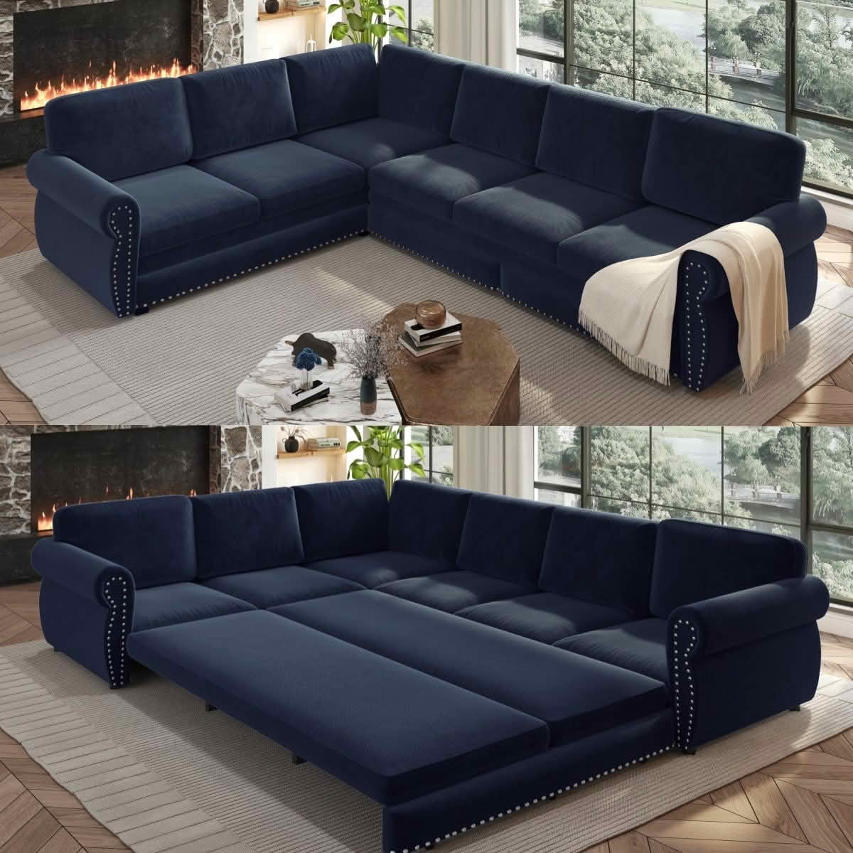 MAYEERTY 118" L‑Shaped Convertible Pull‑Out Sofa Bed, Chenille Sectional Couch with Nailhead Trim & Rolled Arms, Oversized Multifunctional Sleeper Sofa