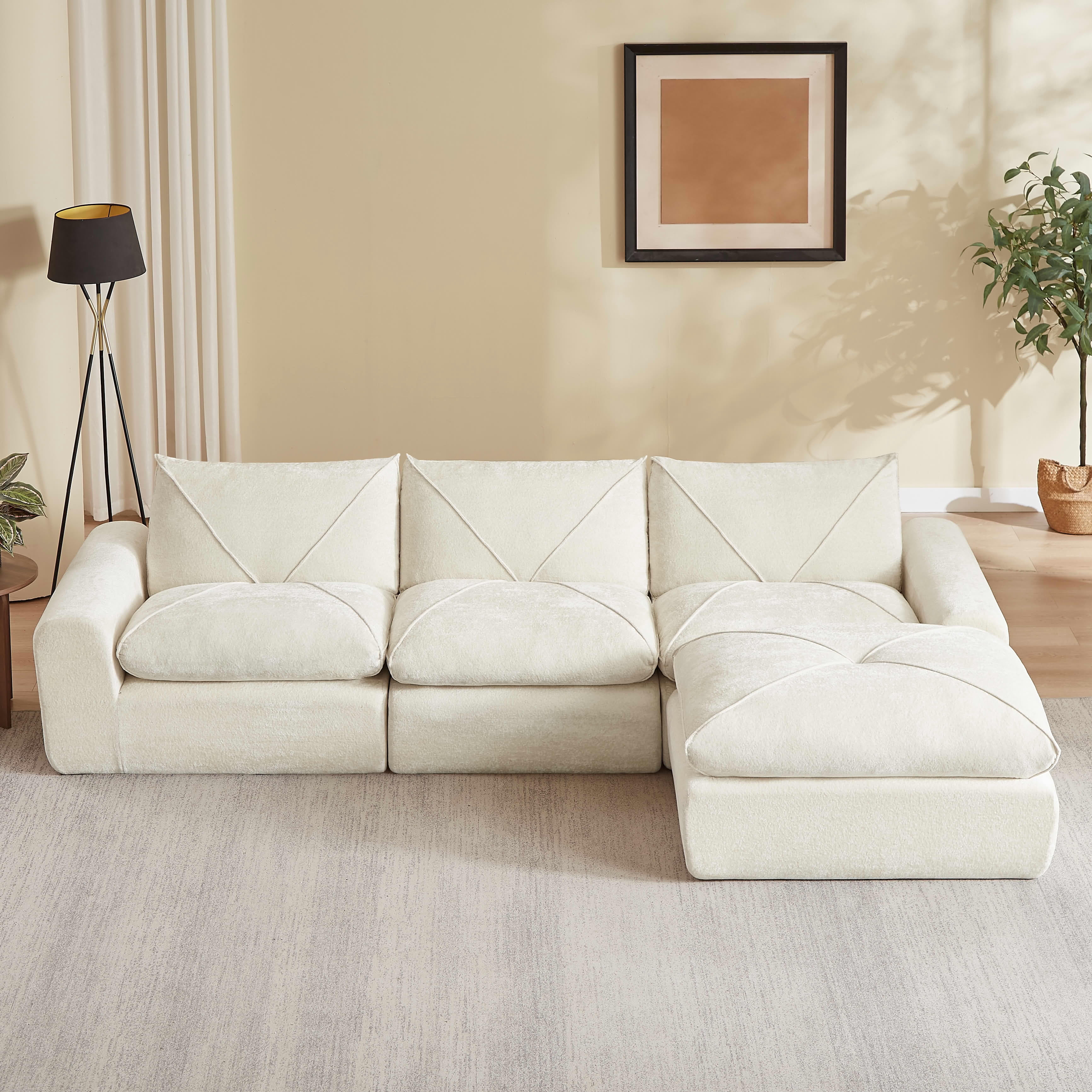 MAYEERTY 119" Cream Chenille L-Shaped Modular Sectional Sofa, Spring Support for Living Room Apartment