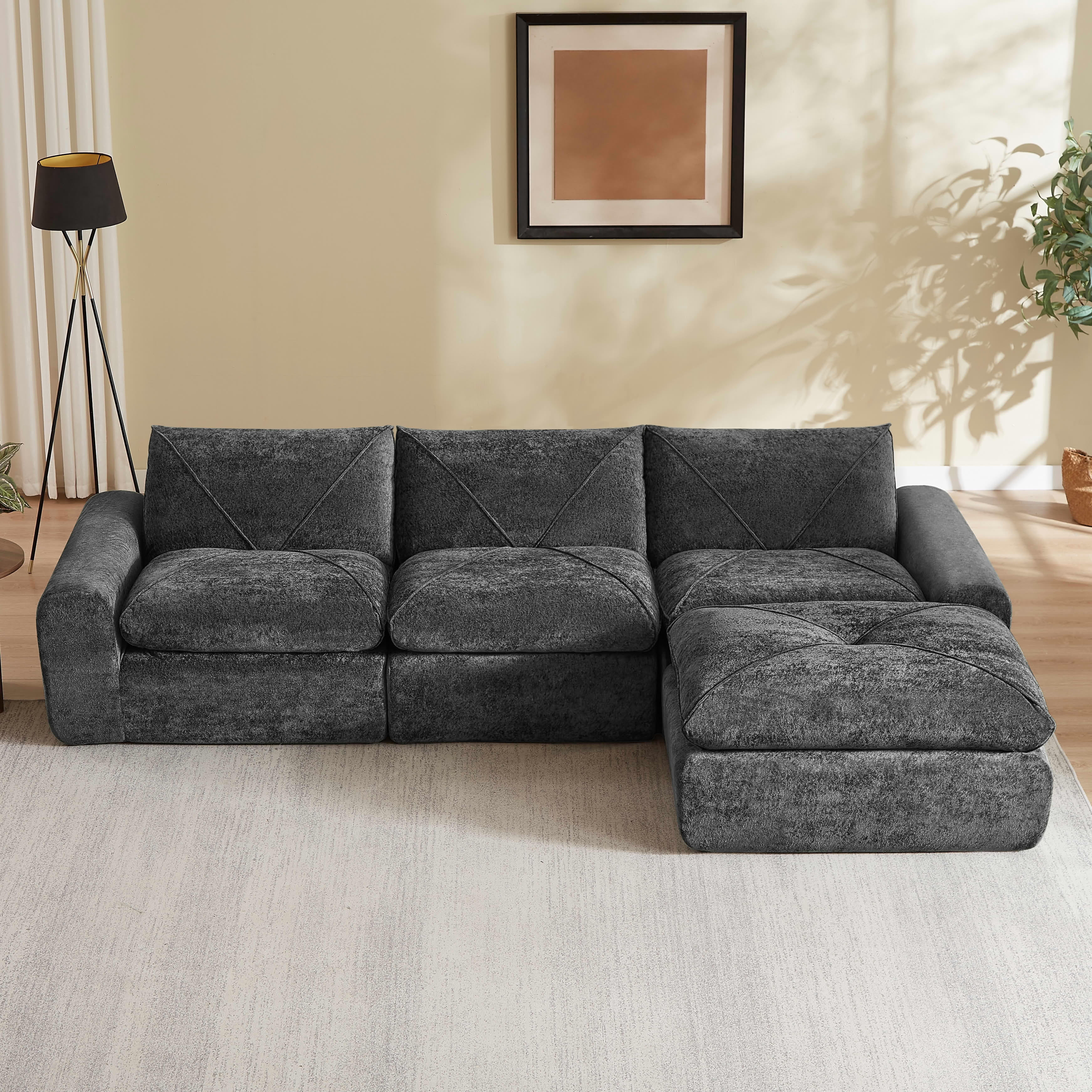 MAYEERTY 119" Dark Gray Chenille L-Shaped Modular Sectional Sofa, Spring Support for Living Room Apartment