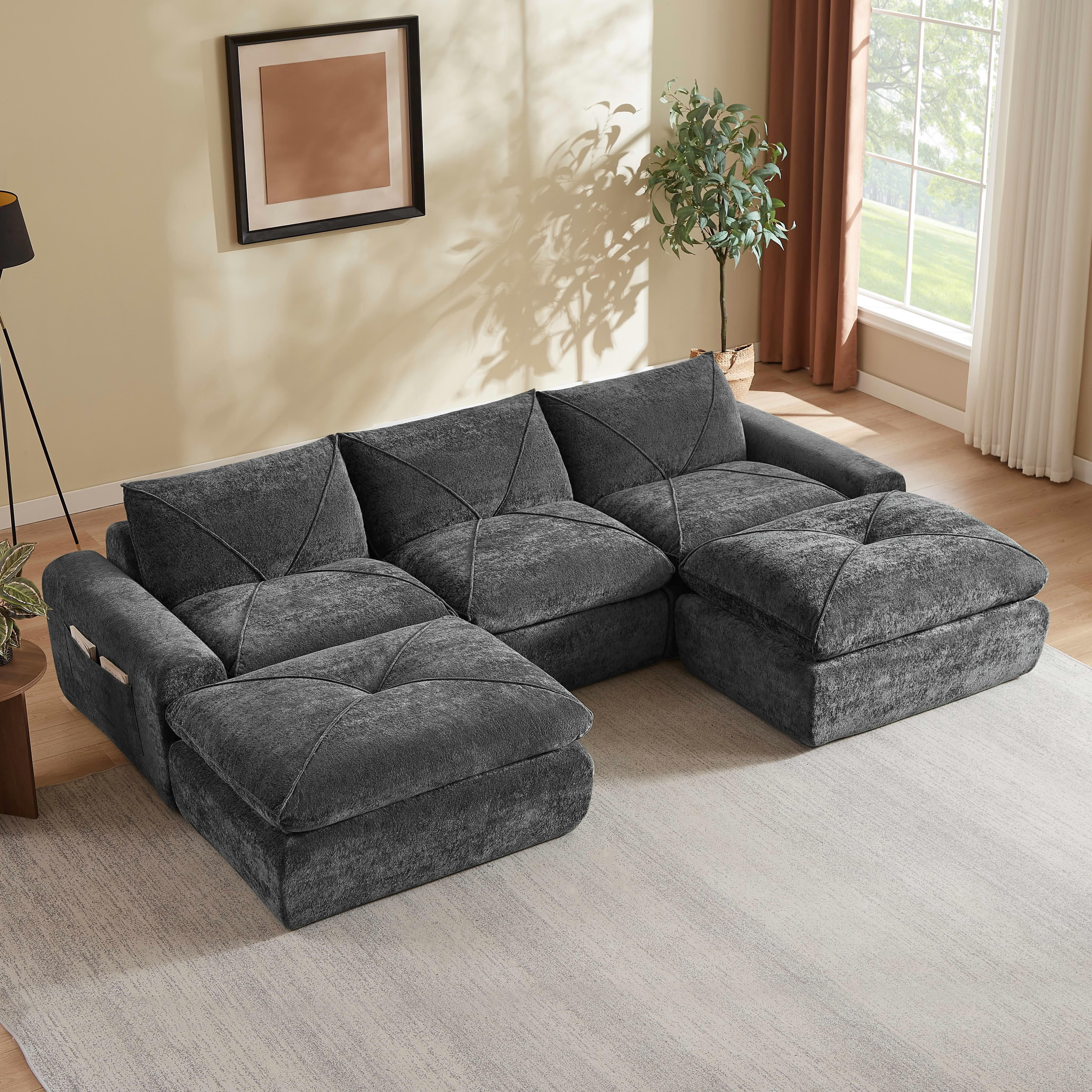 MAYEERTY 119" Dark Gray Chenille U-Shaped Modular Sectional Sofa, Spring Support for Living Room Apartment