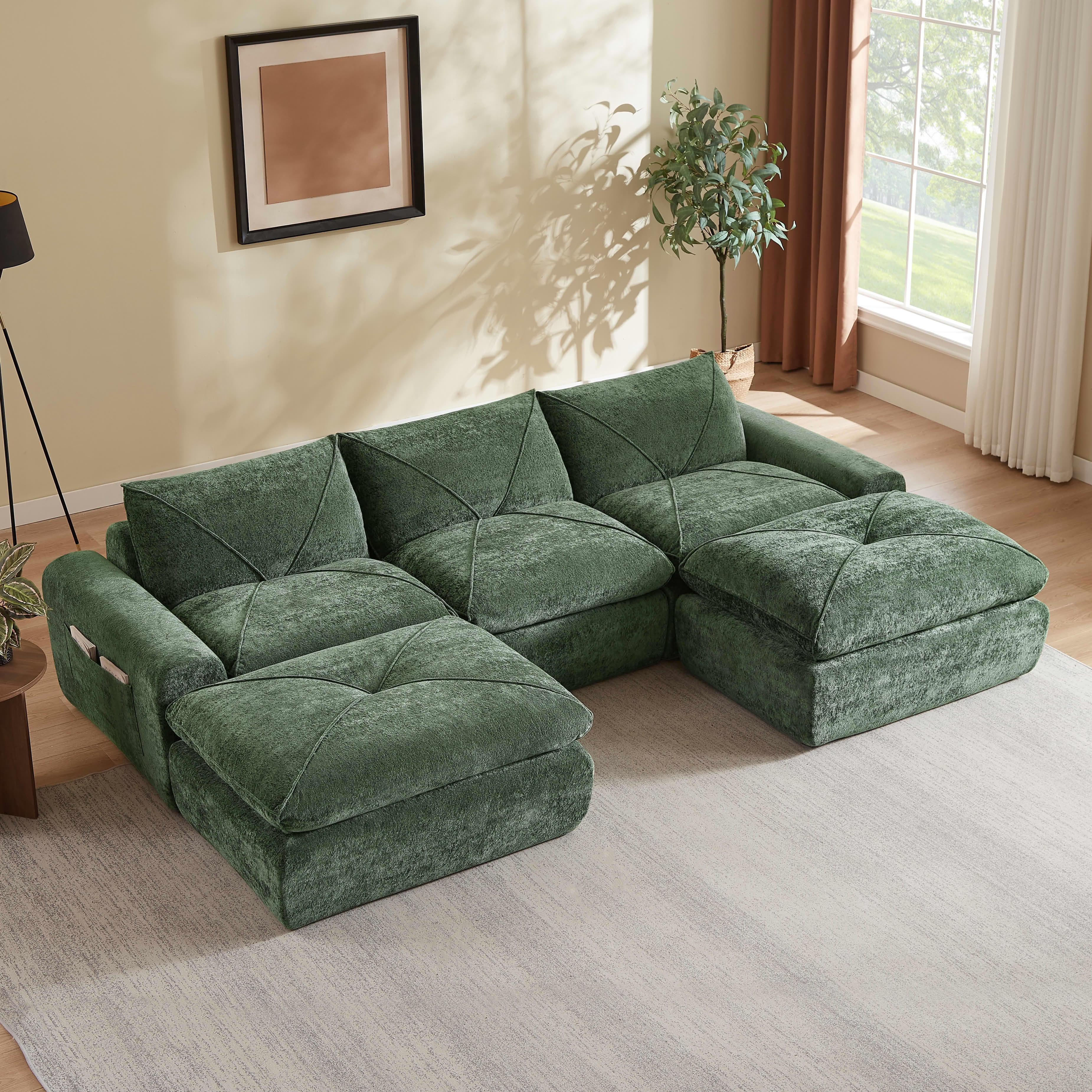 MAYEERTY 119" Green Chenille U-Shaped Modular Sectional Sofa, Spring Support for Living Room Apartment