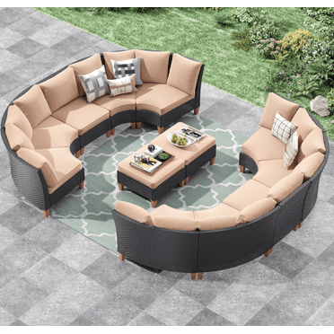 MAYEERTY 12-Piece Outdoor Patio Curved Rattan Sofa Set with Fan-shaped Sofas and Ottomans
