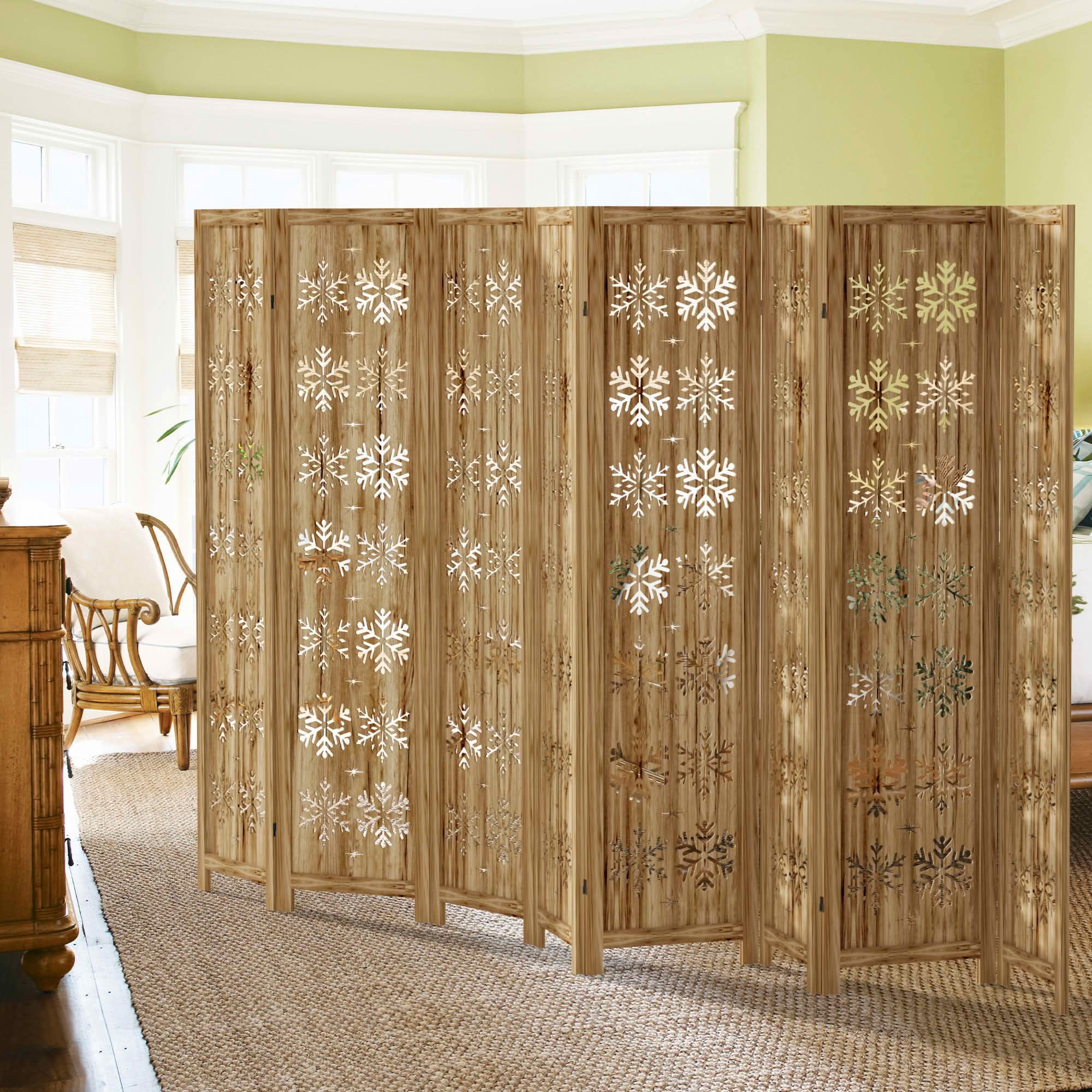 MAYEERTY 127x1x67 Inch Natural Charcoal Snowflake Wooden Folding Privacy Screen, 8 Panel Set for Home & Patio