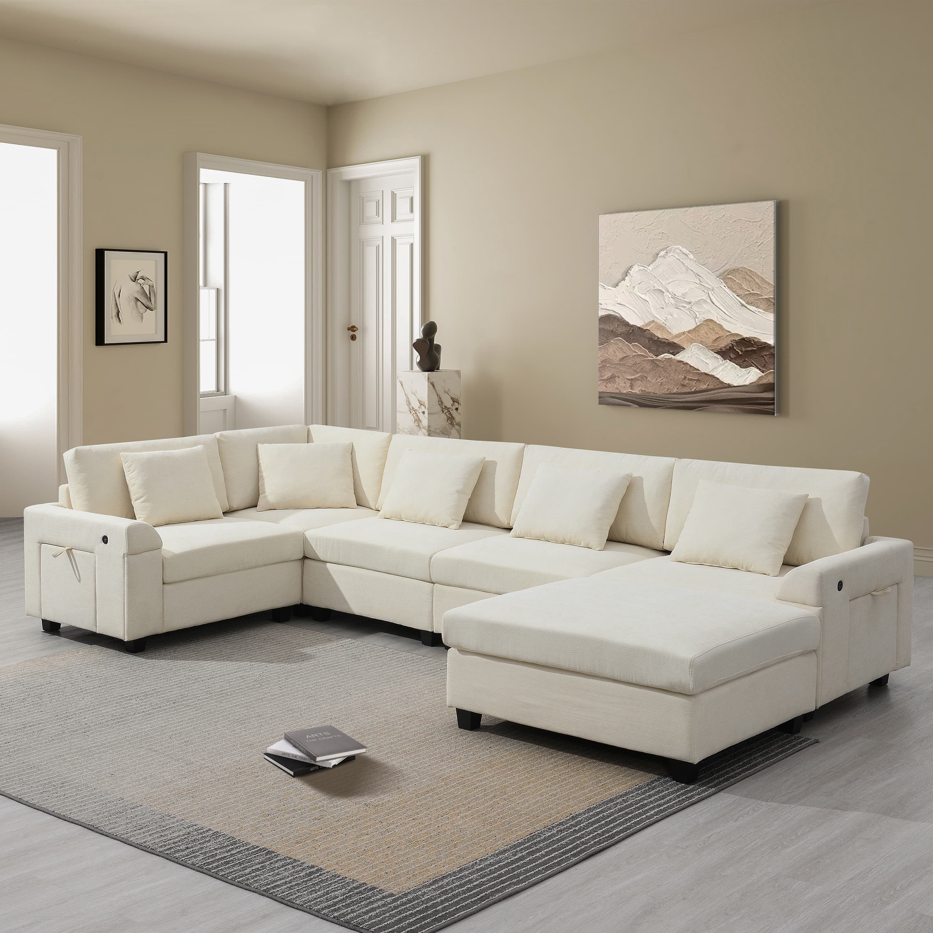 MAYEERTY 128x67" U-Shaped Sectional Sofa - 6-Seat Chenille Couch with Ottoman/Armrest Storage/Cup Holders/USB, Wide Seat for Living Room/Apartment, 2 Colors