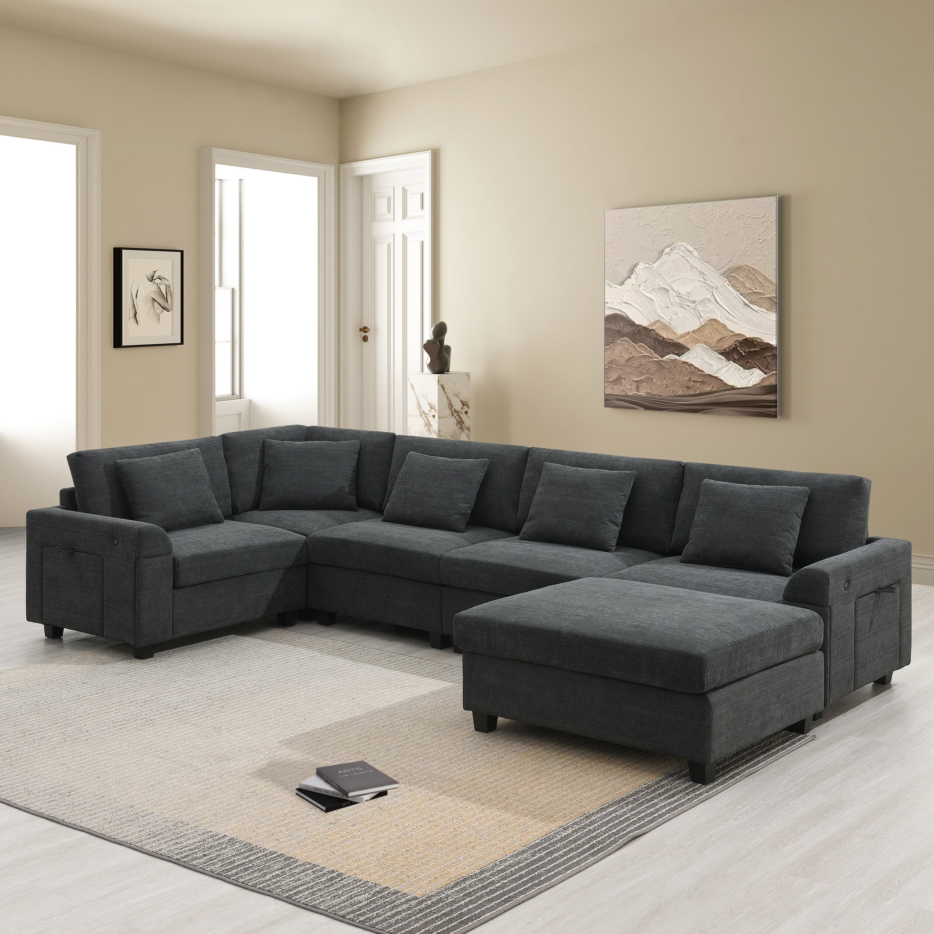 MAYEERTY 128x67" U-Shaped Sectional Sofa - 6-Seat Chenille Couch with Ottoman/Armrest Storage/Cup Holders/USB, Wide Seat for Living Room/Apartment, 2 Colors