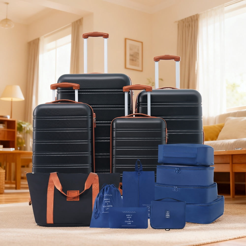 MAYEERTY 13-Piece Luggage Set - Expandable ABS Suitcase with Spinner Wheels & TSA Lock + Travel Bag + 8 Storage Bags, Black