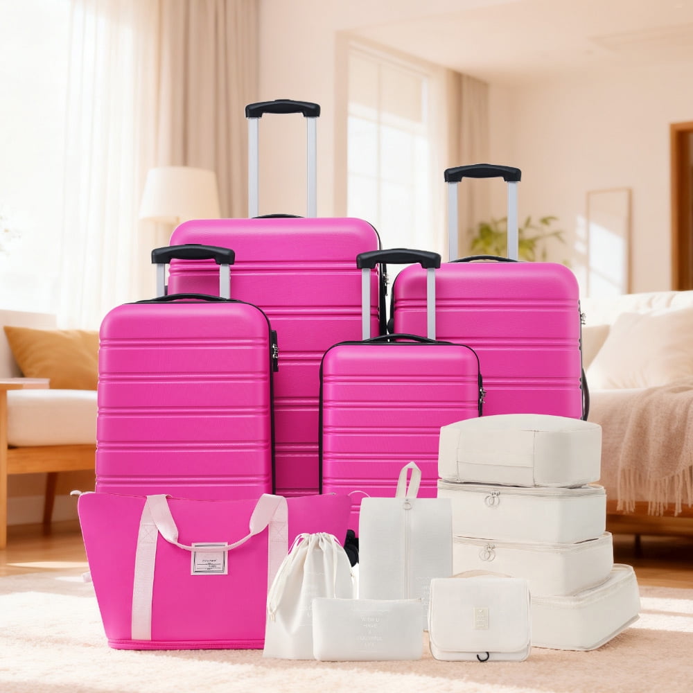 MAYEERTY 13-Piece Luggage Set - Expandable ABS Suitcase with Spinner Wheels & TSA Lock + Travel Bag + 8 Storage Bags, Pink
