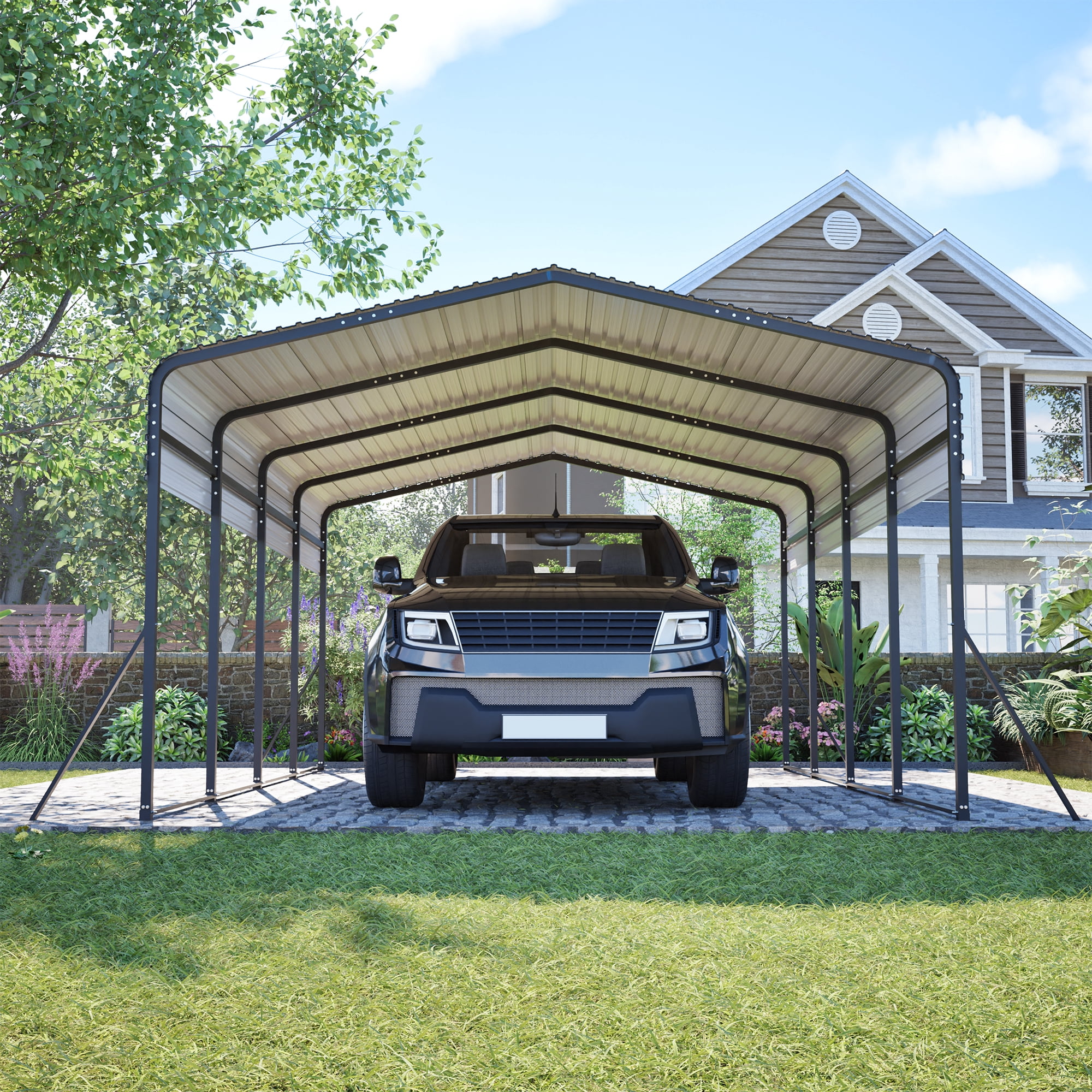 MAYEERTY 13'x20' Heavy Duty Metal Carport, Triangle Reinforced Frame Steel Hardtop Roof for Car Truck Boat