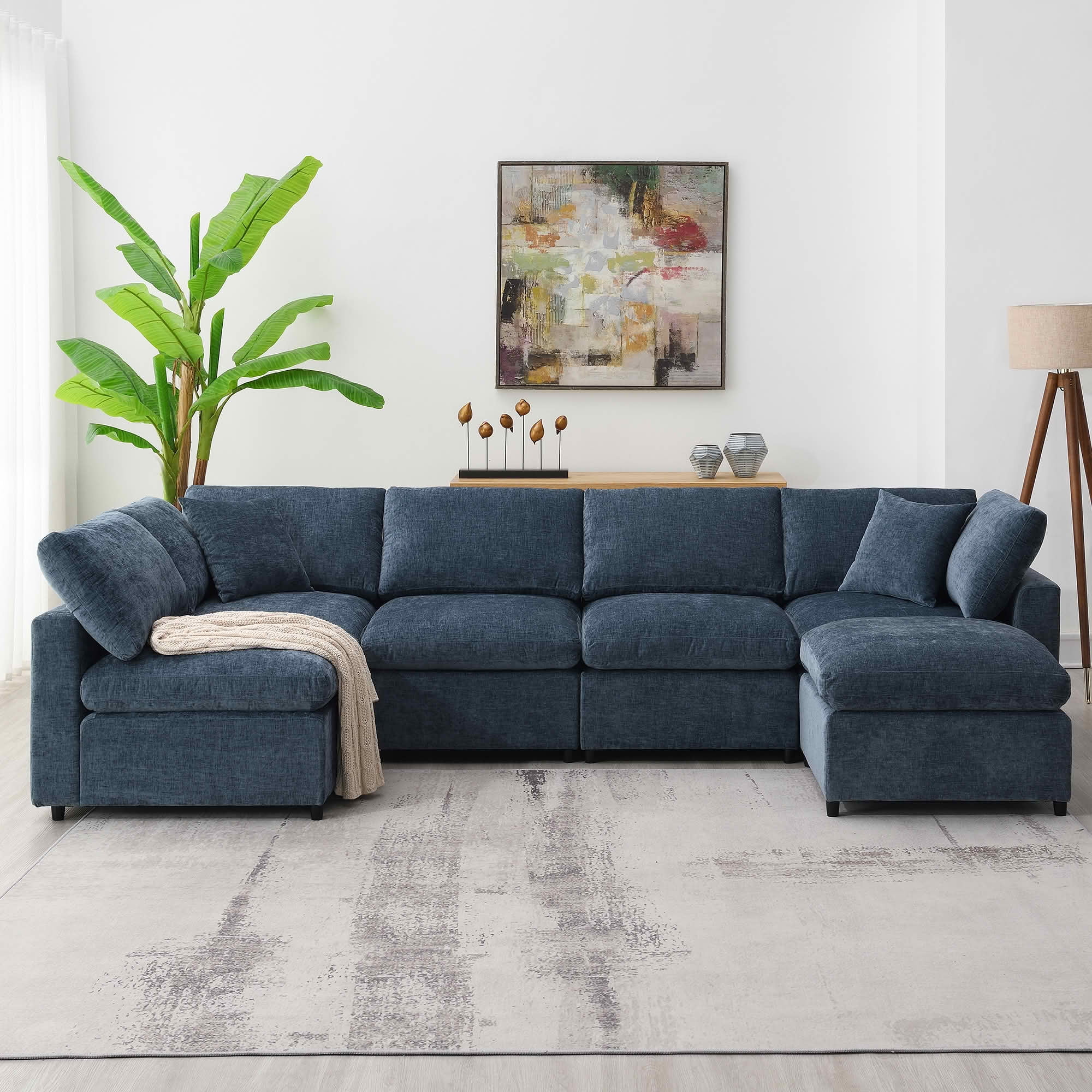 MAYEERTY 130x65" Modular Cloud Sofa Bed - 6-Seat Chenille, Convertible U-Shaped with Ottoman