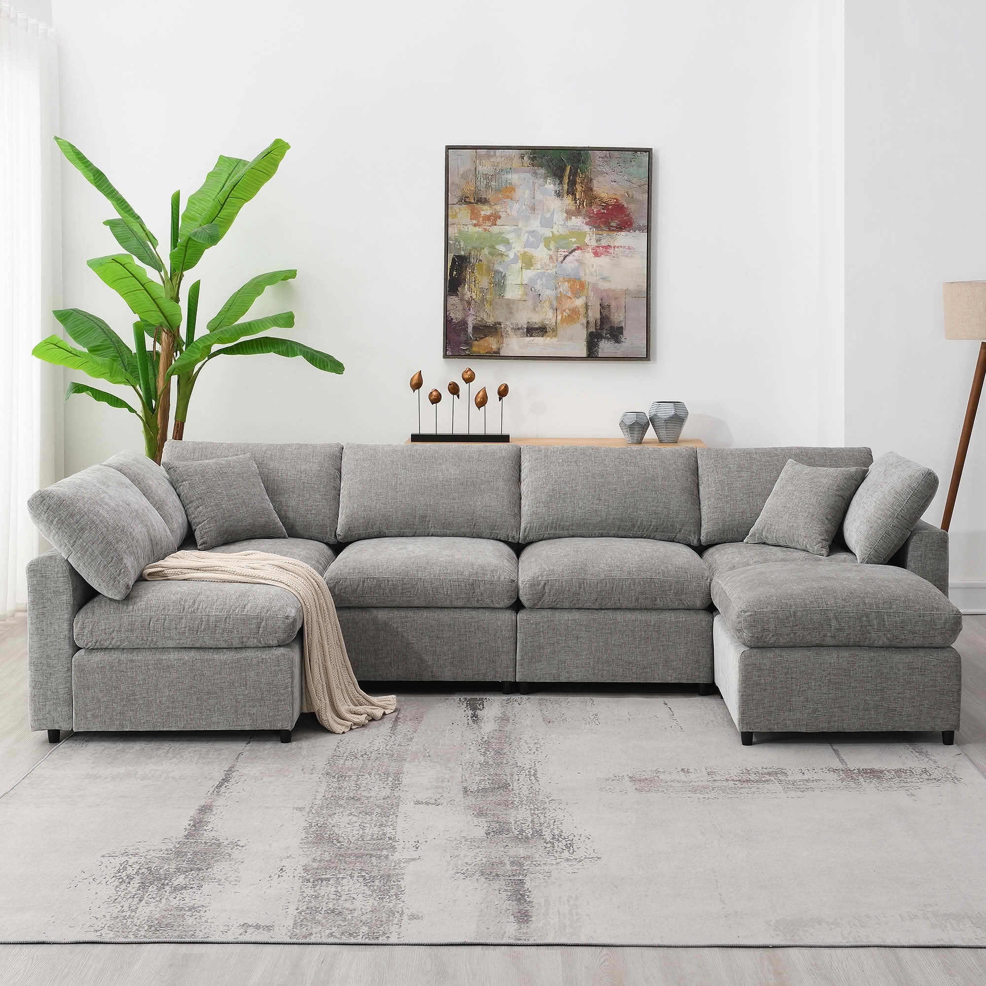 MAYEERTY 130x65" Modular Cloud Sofa Bed - 6-Seat Chenille, Convertible U-Shaped with Ottoman