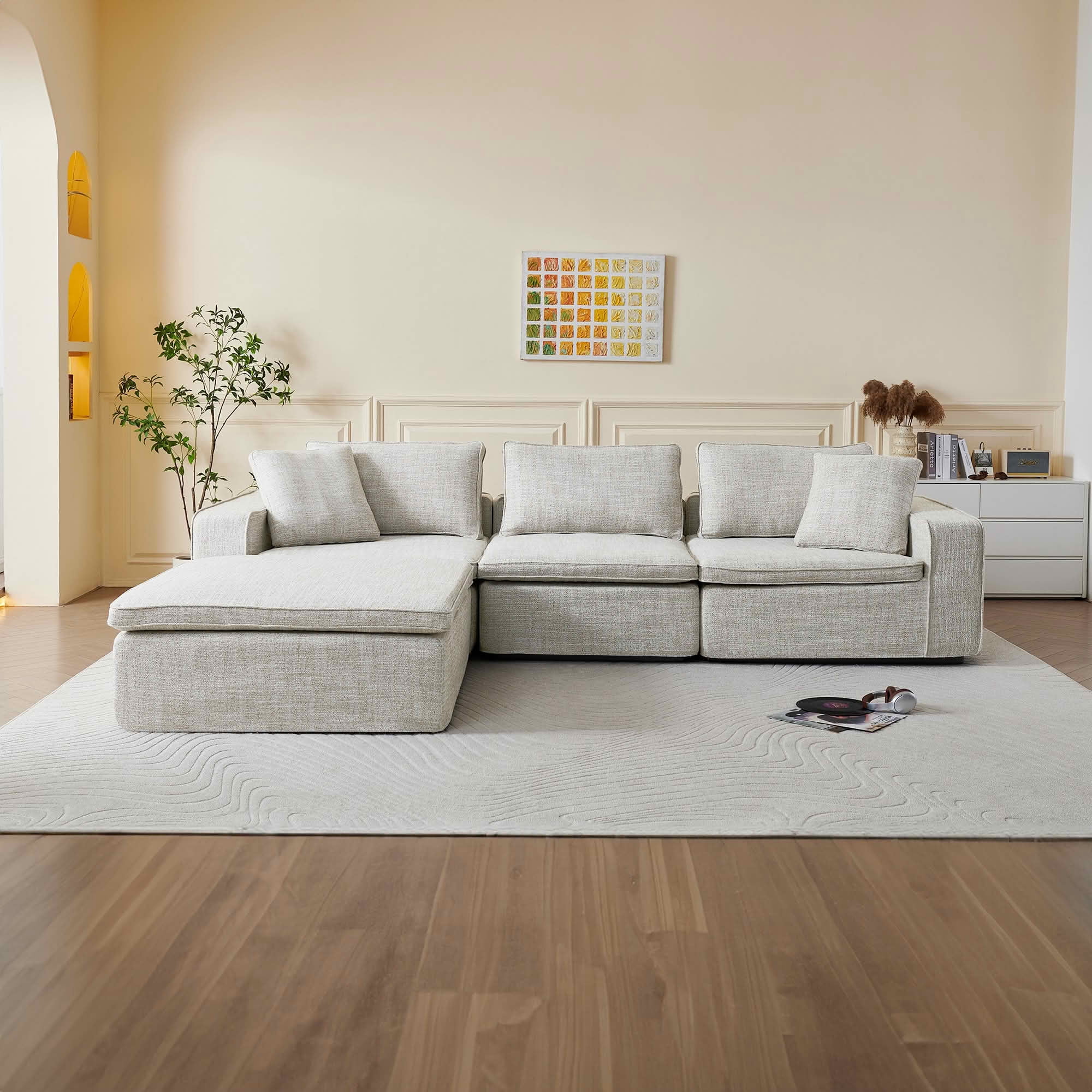 MAYEERTY 131in 4-Seater Cloud Couch with Ottoman, Washable Linen Cover, Pocket Springs & Compressed Delivery，Beige