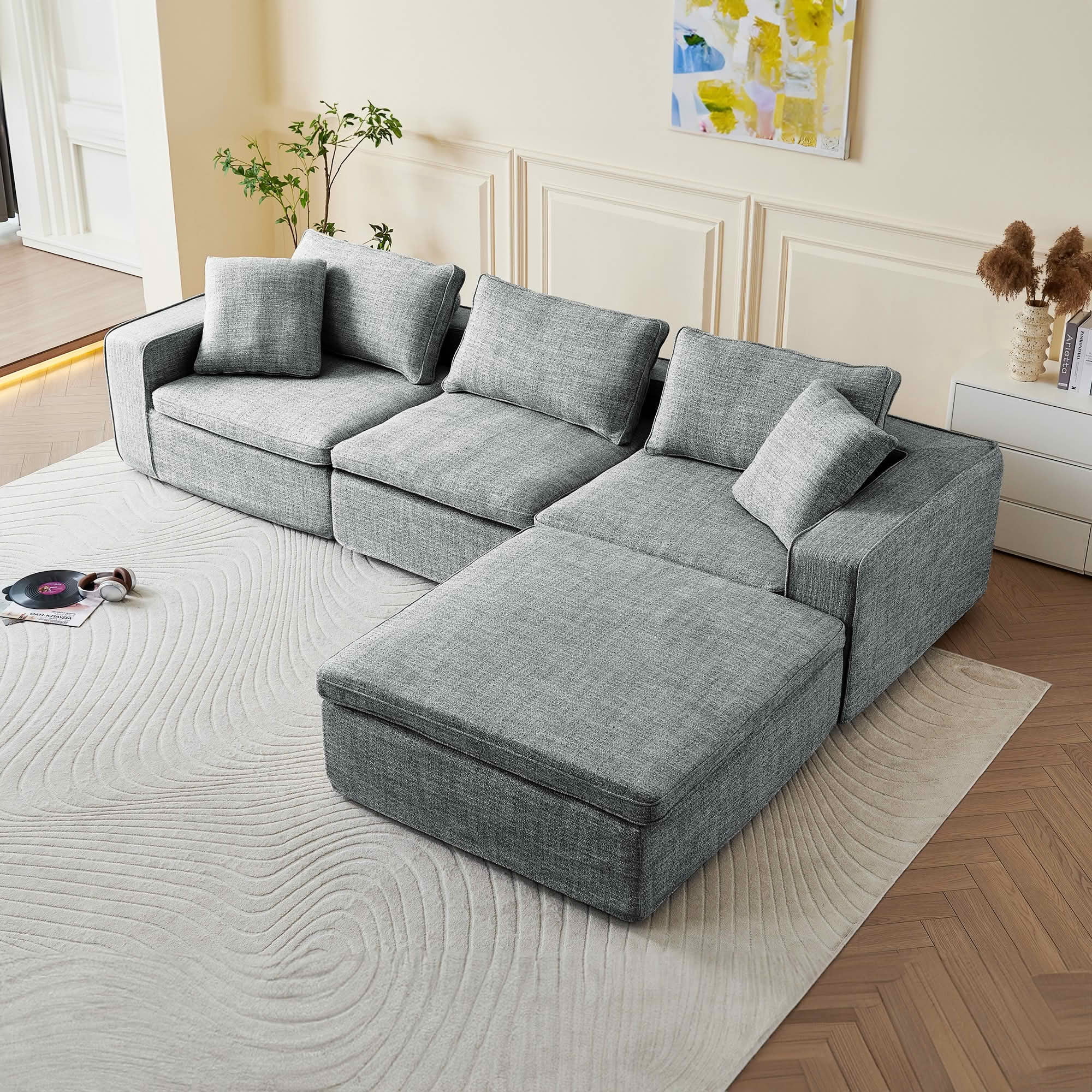 MAYEERTY 131in 4-Seater Cloud Couch with Ottoman, Washable Linen Cover, Pocket Springs & Compressed Delivery，Dark Gray