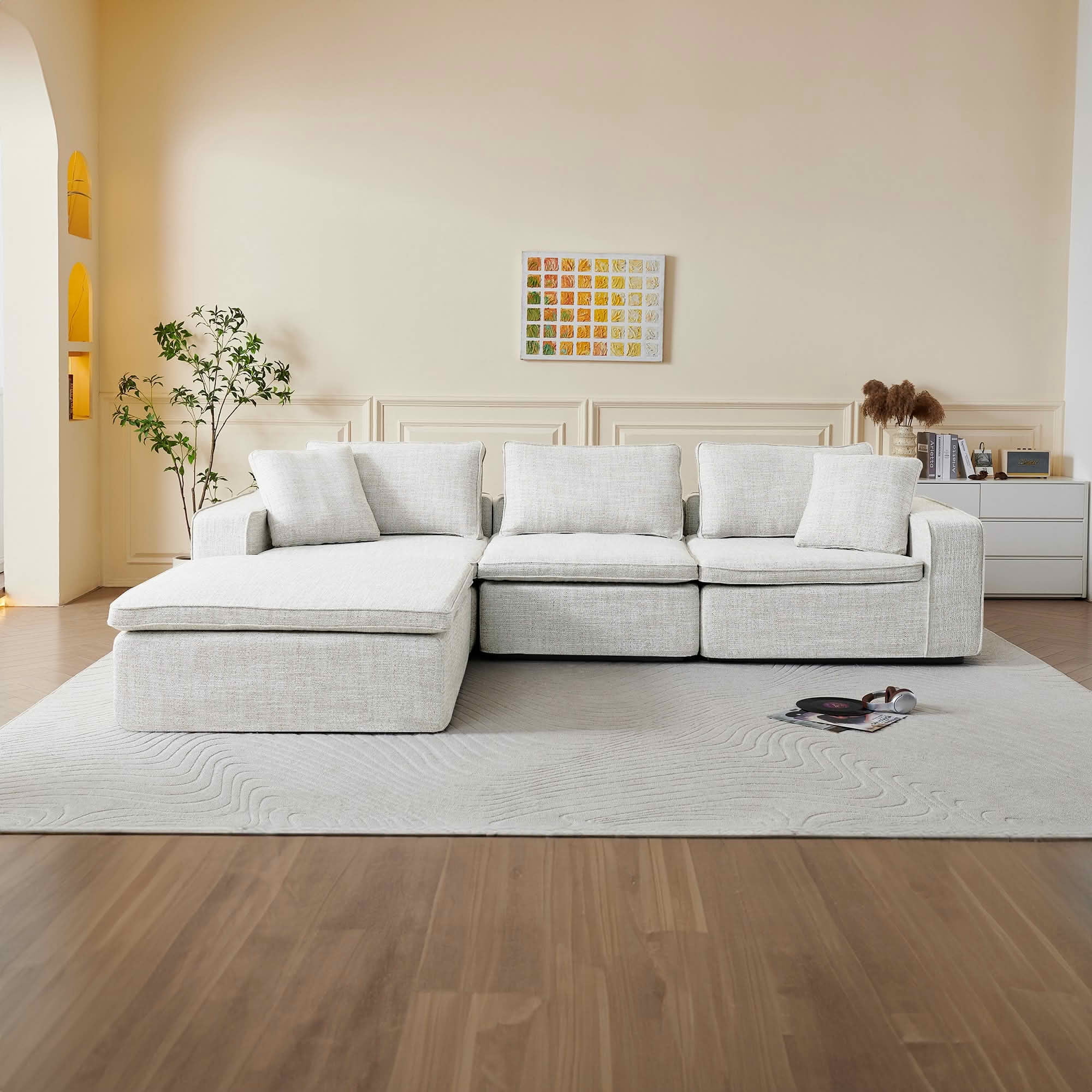 MAYEERTY 131in 4-Seater Cloud Couch with Ottoman, Washable Linen Cover, Pocket Springs & Compressed Delivery，White