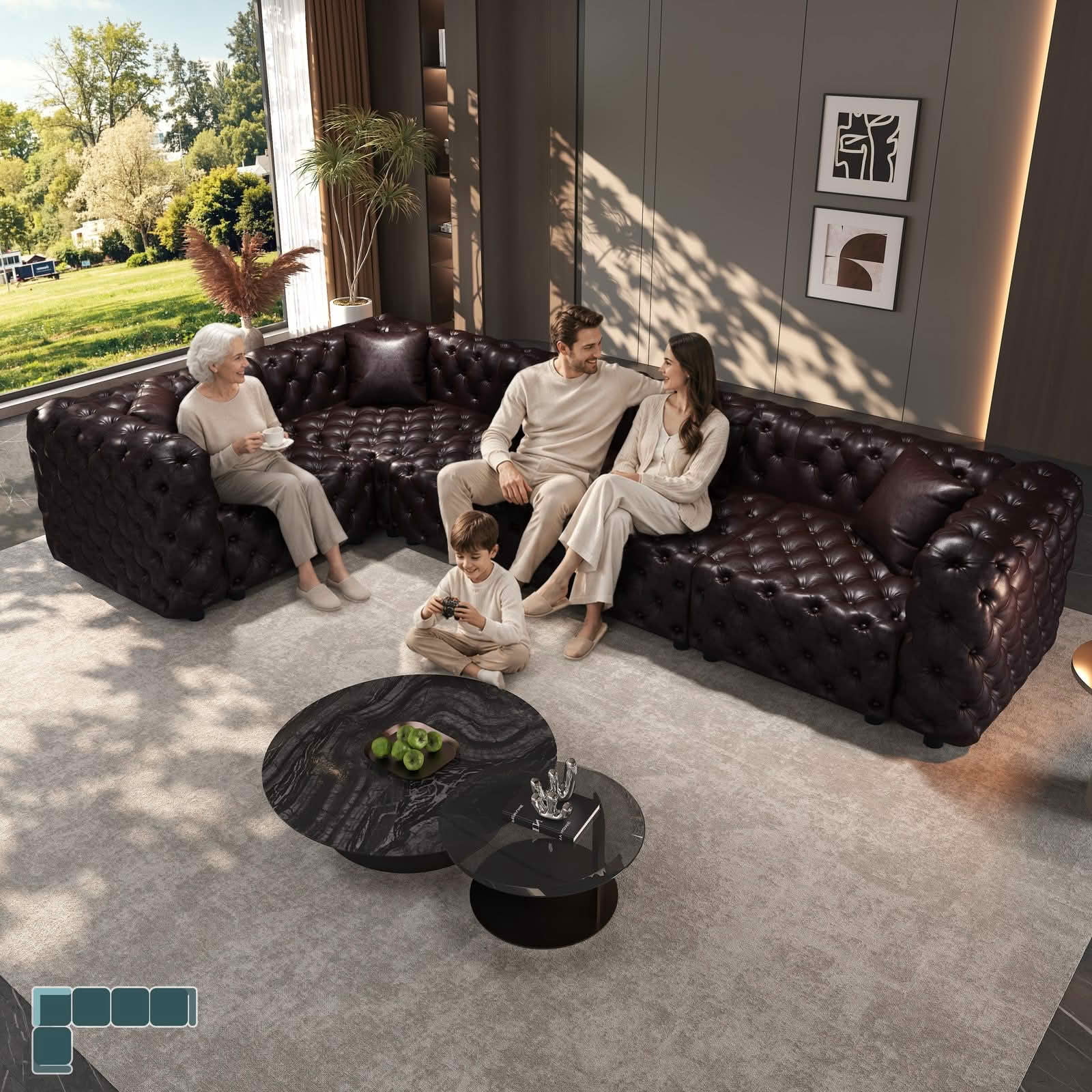 MAYEERTY 132.5" L‑Shaped 5‑Seat Faux‑Leather Modular Sofa, Handcrafted Button Tufted Couch with 5 Pillows for Living Room & Small Apartment