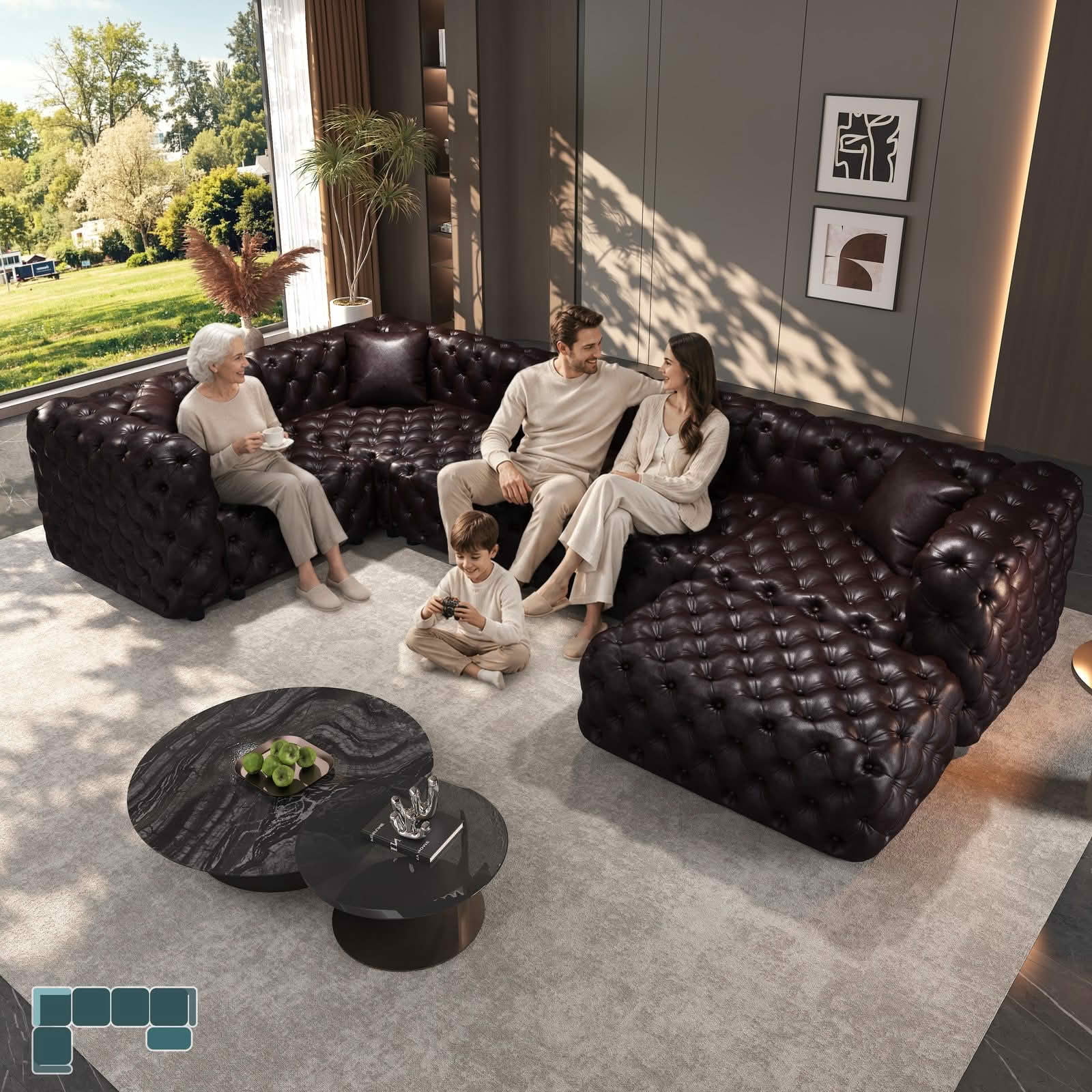 MAYEERTY 132.5" L‑Shaped 5‑Seat Faux‑Leather Modular Sofa Set, Handcrafted Button Tufted Couch with Ottoman & 5 Pillows for Living Room & Small Apartment