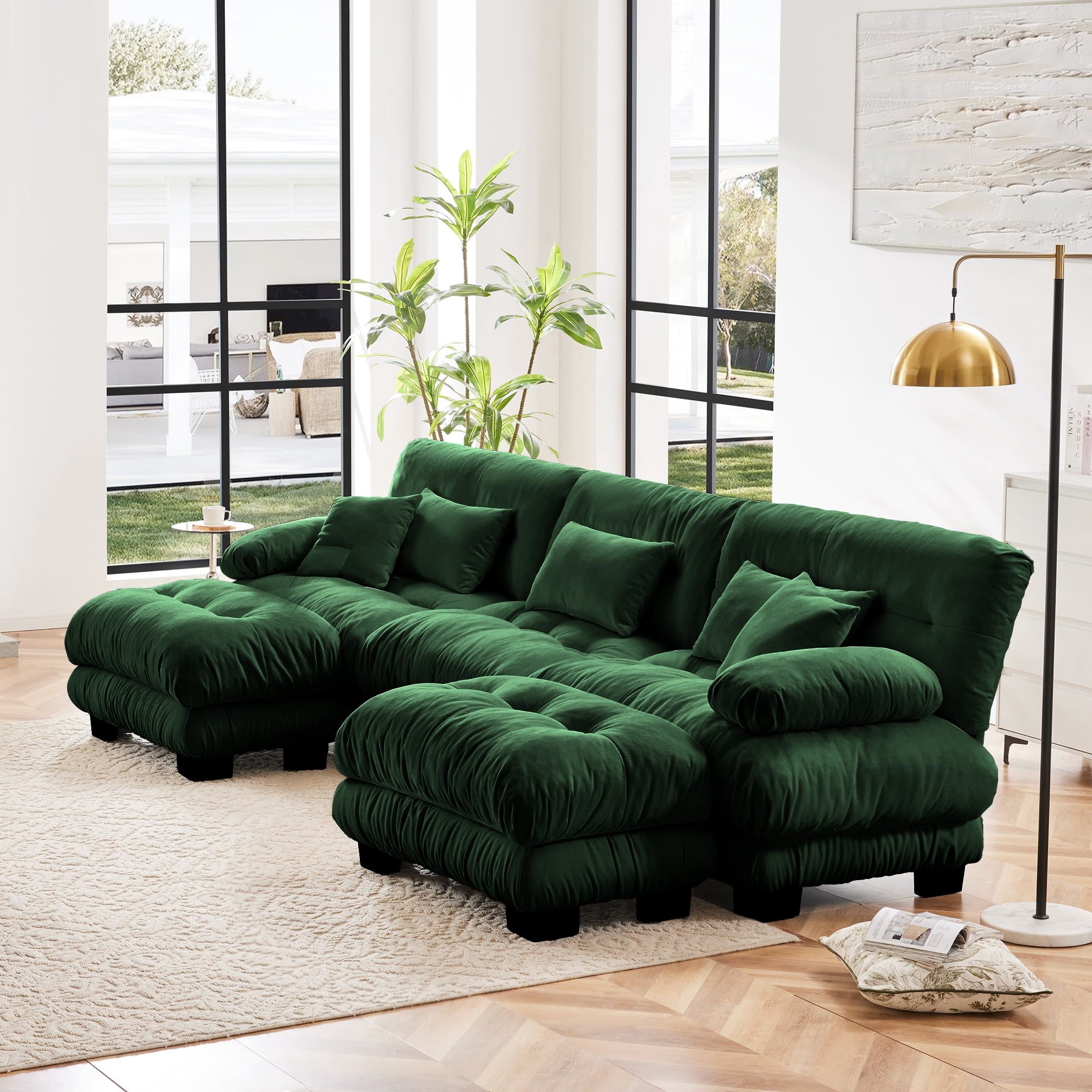 MAYEERTY 133.8in Chenille Sectional Sofa Couch, Oversized Modular U Shaped Cloud Couch with 2 Ottomans for Living Room, Green