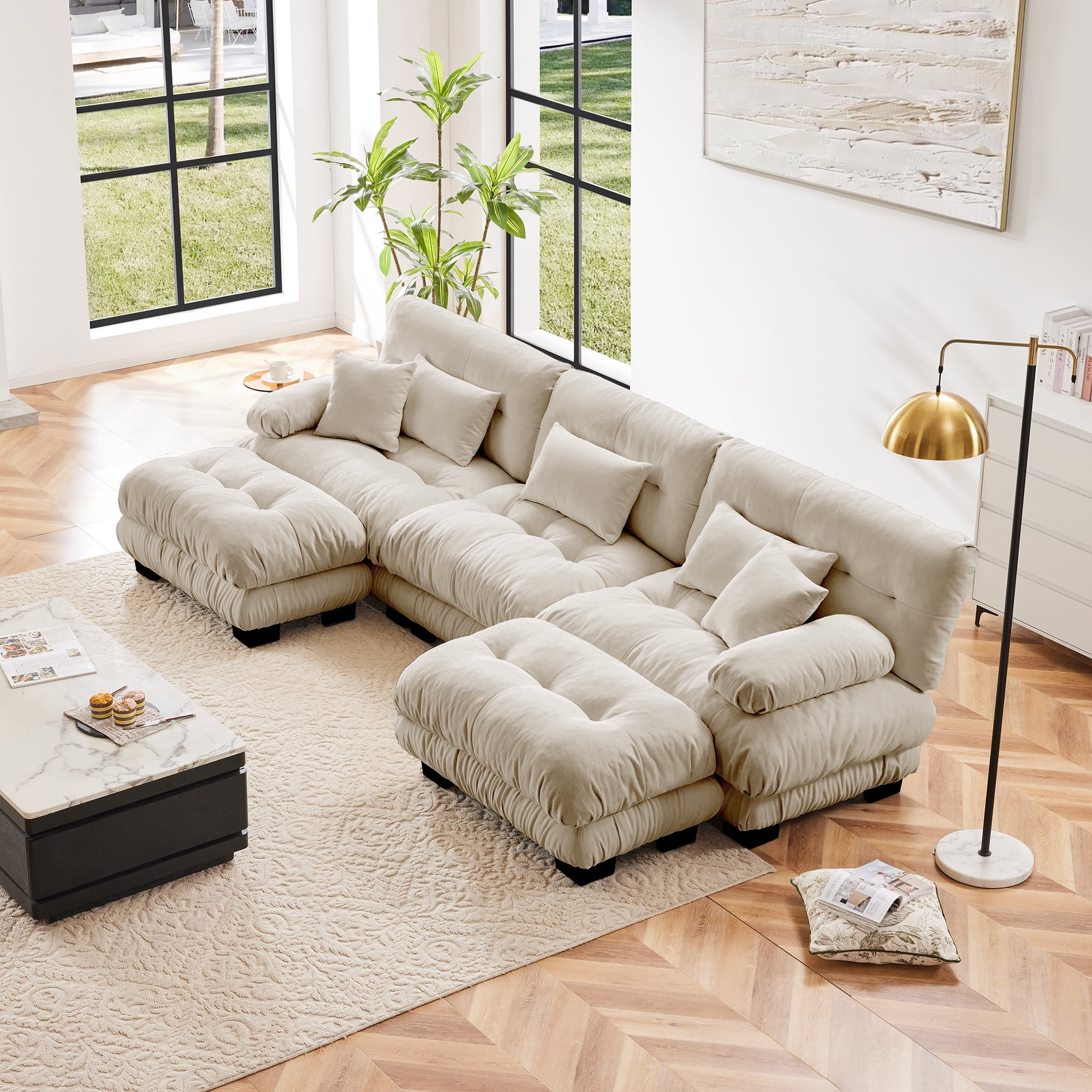 MAYEERTY 133.8in Chenille Sectional Sofa Couch, Oversized Modular U Shaped Cloud Couch with 2 Ottomans for Living Room, Light Coffee