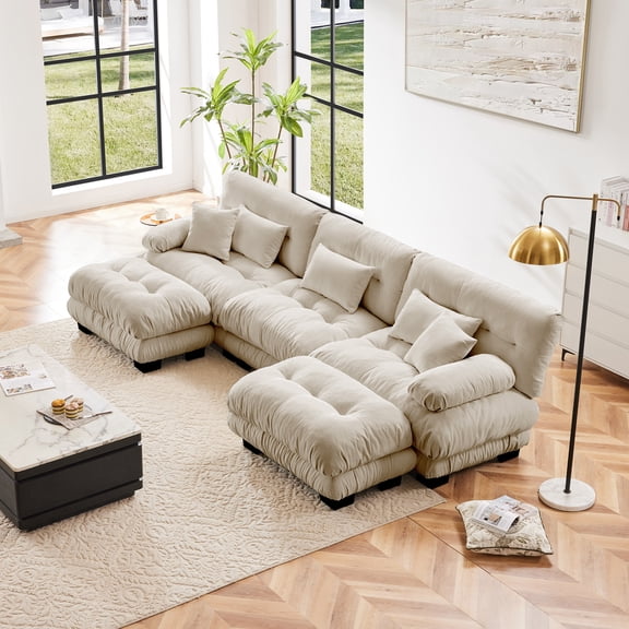 MAYEERTY 133.8in Chenille Sectional Sofa Couch, Oversized Modular U Shaped Cloud Couch with 2 Ottomans for Living Room, Light Coffee