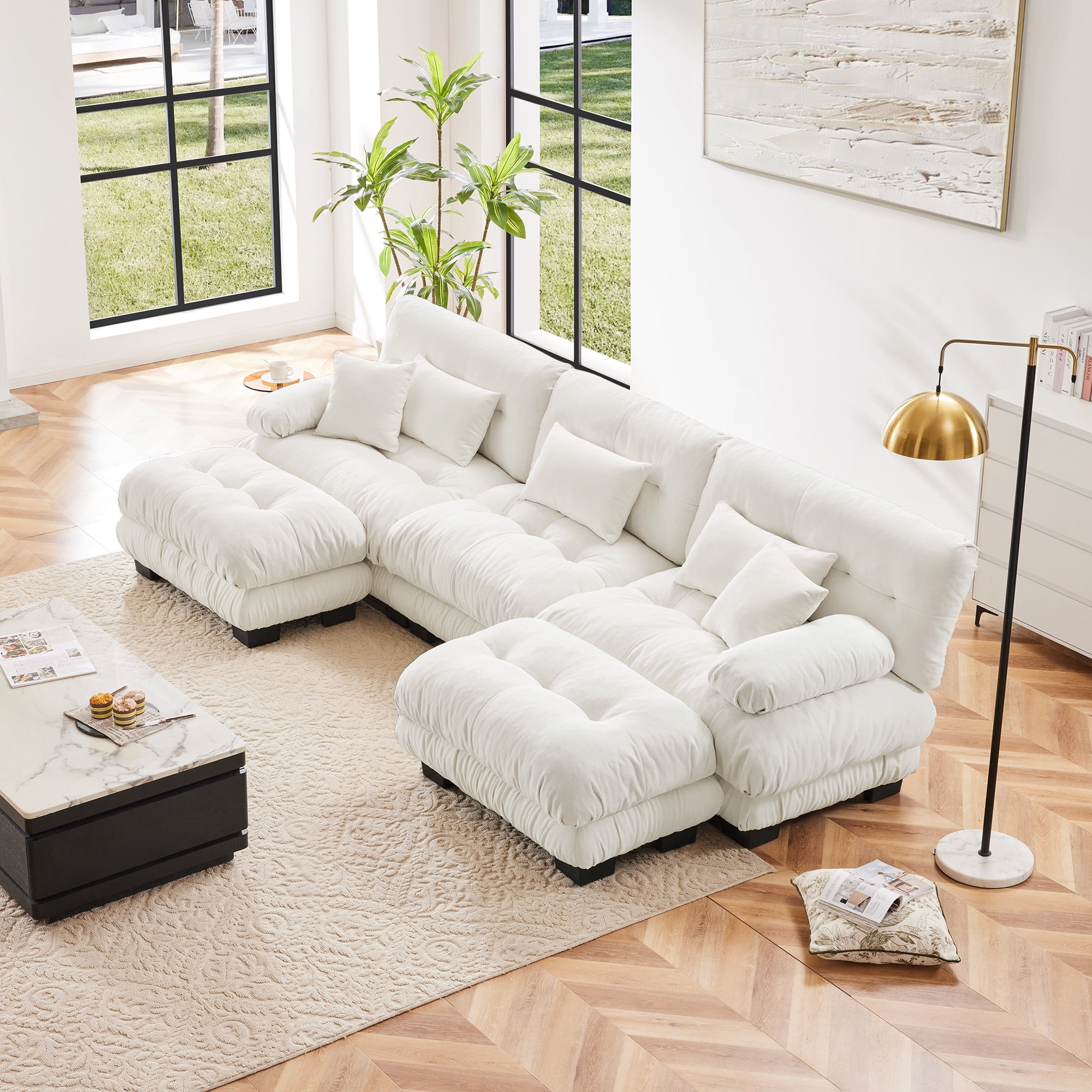 MAYEERTY 133.8in Chenille Sectional Sofa Couch, Oversized Modular U Shaped Cloud Couch with 2 Ottomans for Living Room, White