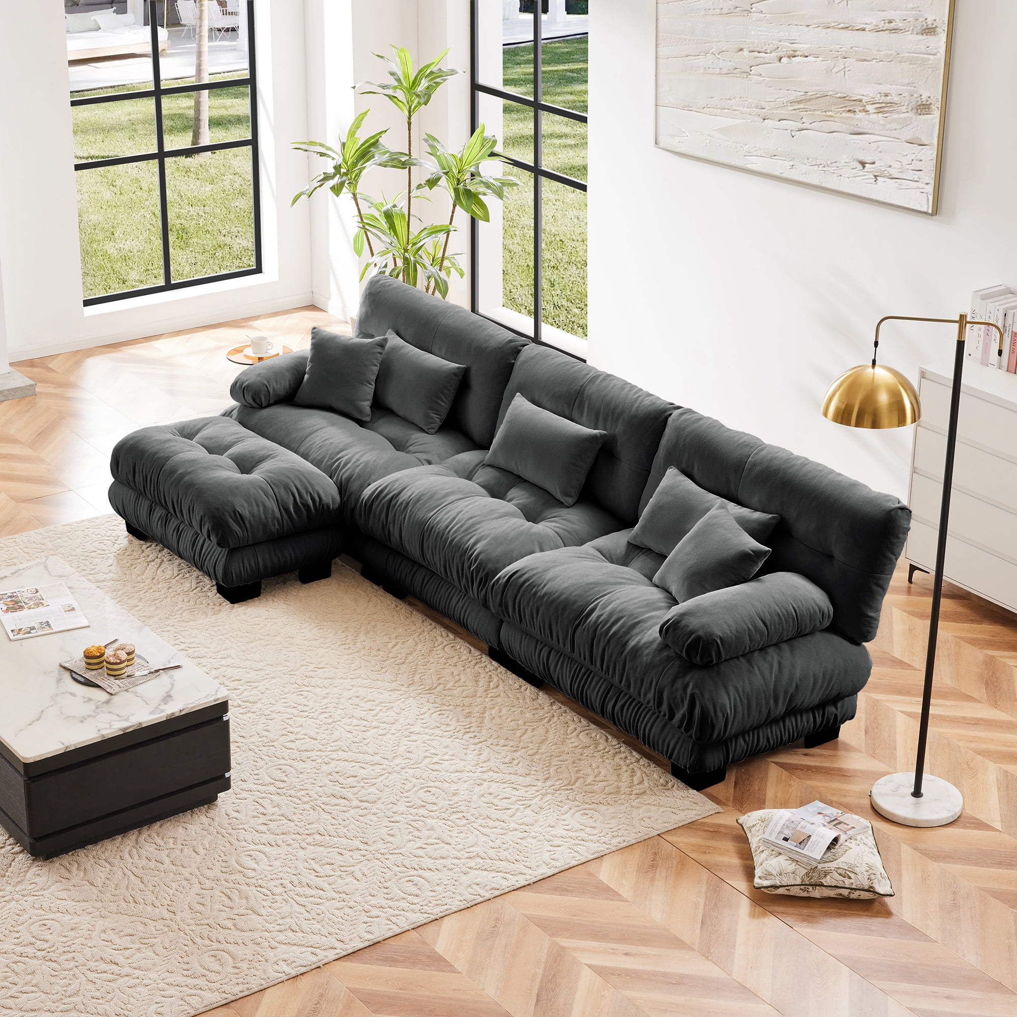 MAYEERTY 133.8in Modular Sectional Sofa, Oversized L Shaped Cloud Couch for Living Room, Deep Seat Sofa Couch with Convertible Ottoman, Gray
