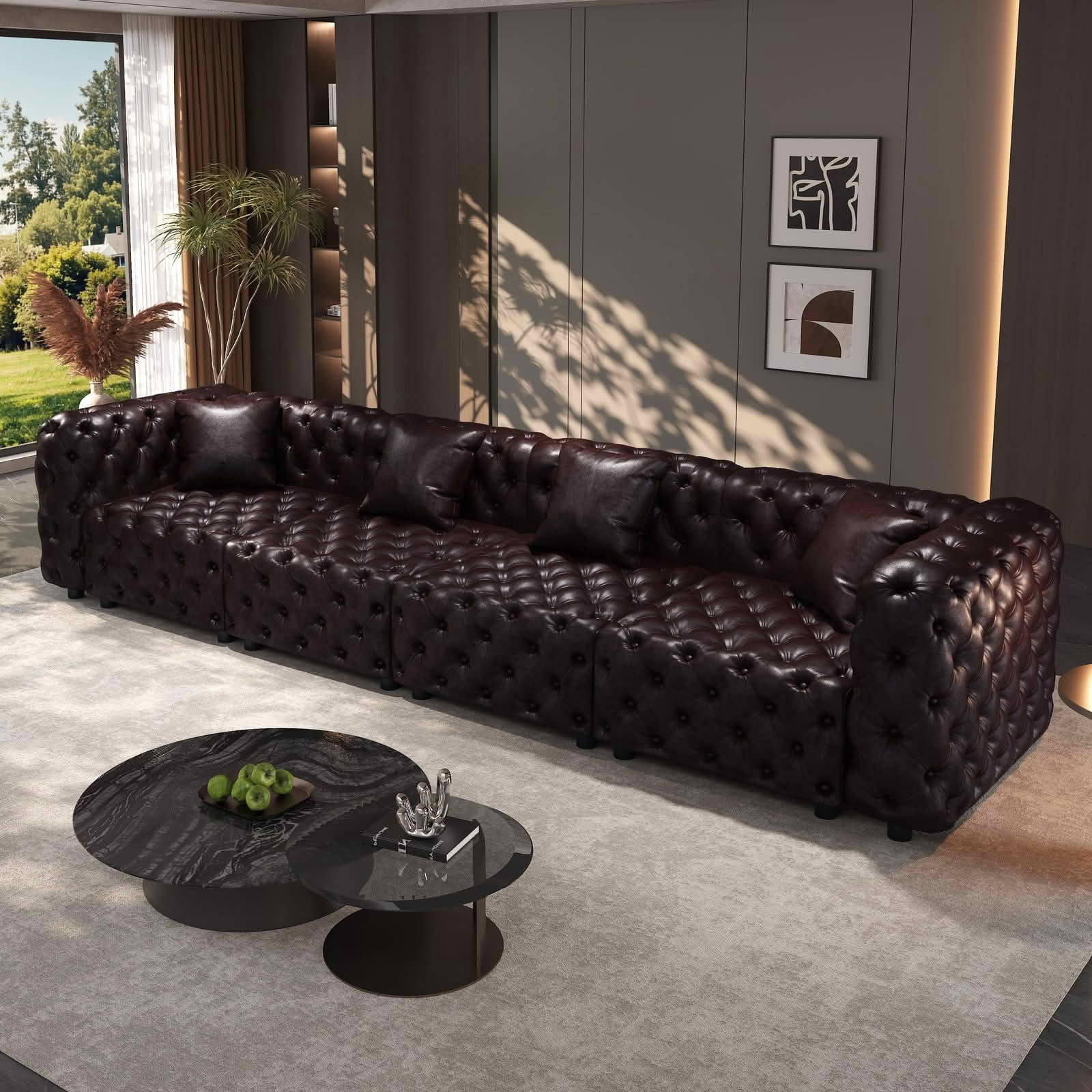 MAYEERTY 134.4" 4‑Seat Faux‑Leather Modular Sofa, Handcrafted Button Tufted Couch with 4 Pillows for Living Room & Small Apartment