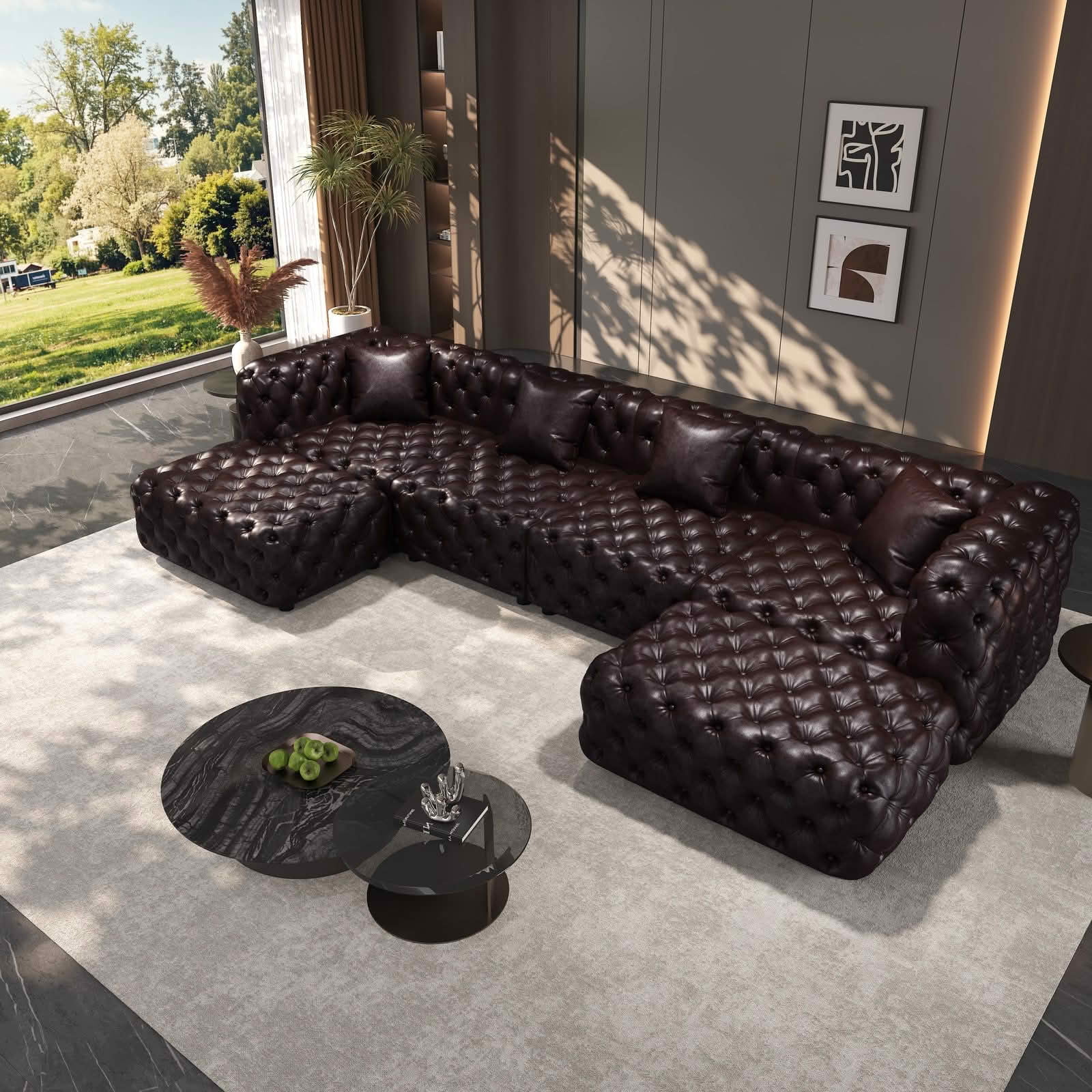 MAYEERTY 134.4" 4‑Seat Faux‑Leather Modular Sofa Set, Handcrafted Button Tufted Couch with 2 Ottomans & 4 Pillows for Living Room & Small Apartment