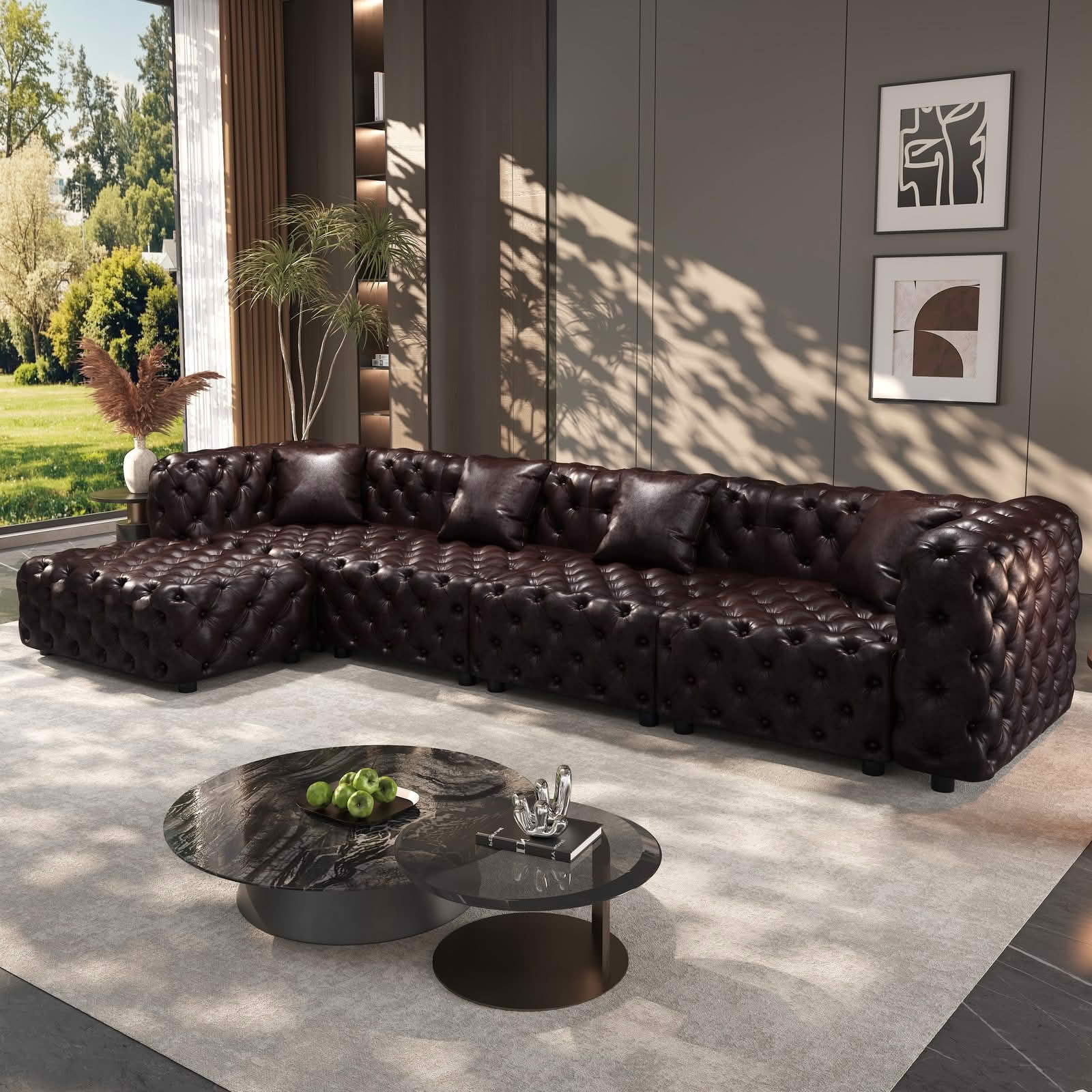 MAYEERTY 134.4" 4‑Seat Faux‑Leather Modular Sofa Set, Handcrafted Button Tufted Couch with Ottoman & 4 Pillows for Living Room & Small Apartment