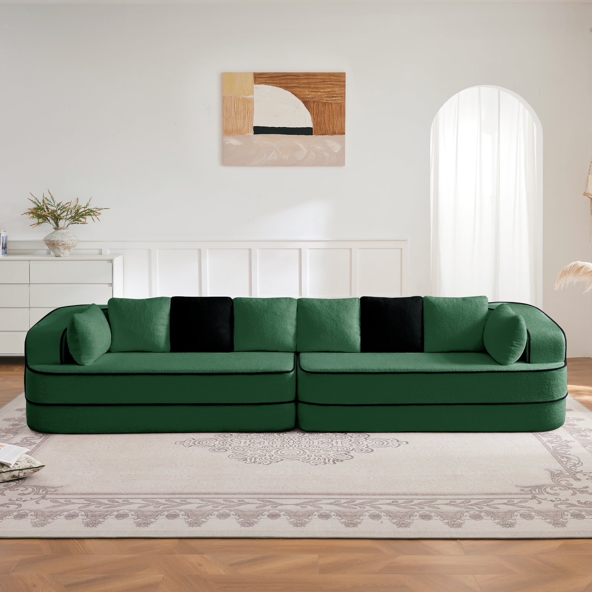 MAYEERTY 134.7" 4-Seat Teddy Fabric Boneless Sofa, Green 1200LBS Capacity 32D Foam No Assembly Oversized Couch for Living Room
