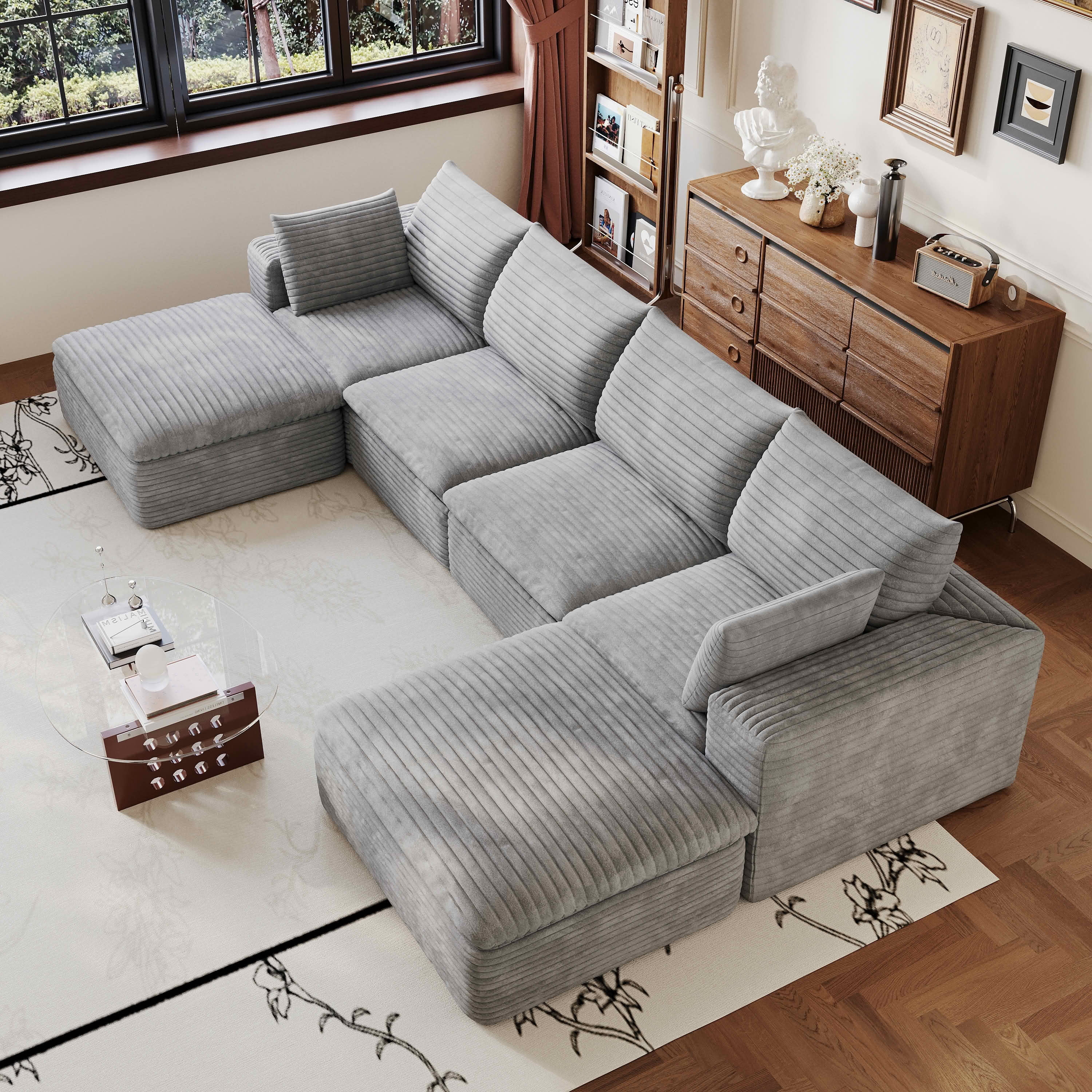 MAYEERTY 134" Corduroy Cloud Sofa, Modular Deep Seat Couch with Removable Cushion & Double-Layer Structure, No Assembly Leisure Sofa for Home & Office
