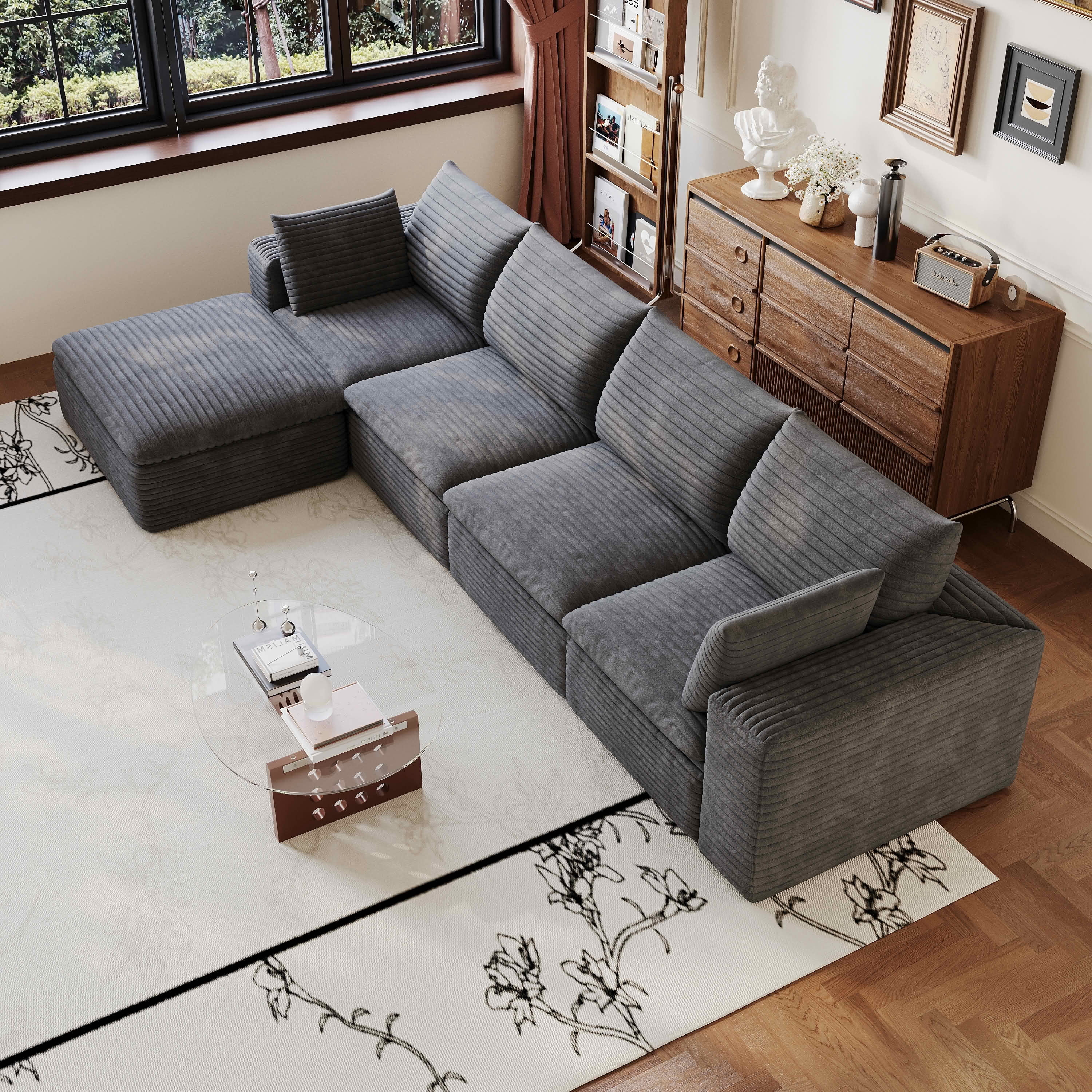 MAYEERTY 134" Corduroy Cloud Sofa, Modular Deep Seat Couch with Removable Cushion & Double-Layer Structure, No Assembly Leisure Sofa for Home & Office