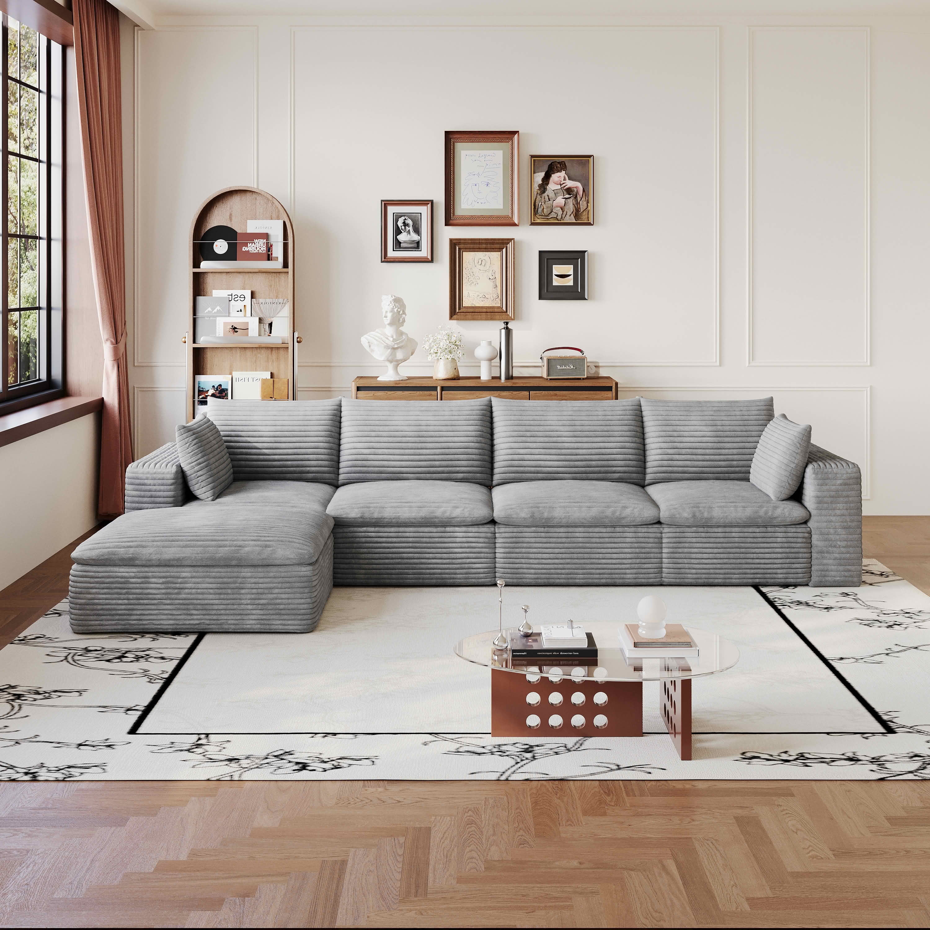 MAYEERTY 134 Inch Corduroy Cloud Floor Sofa, Modular Couch with Detachable Double-Layer Cushion, No Assembly Furniture for Home & Office