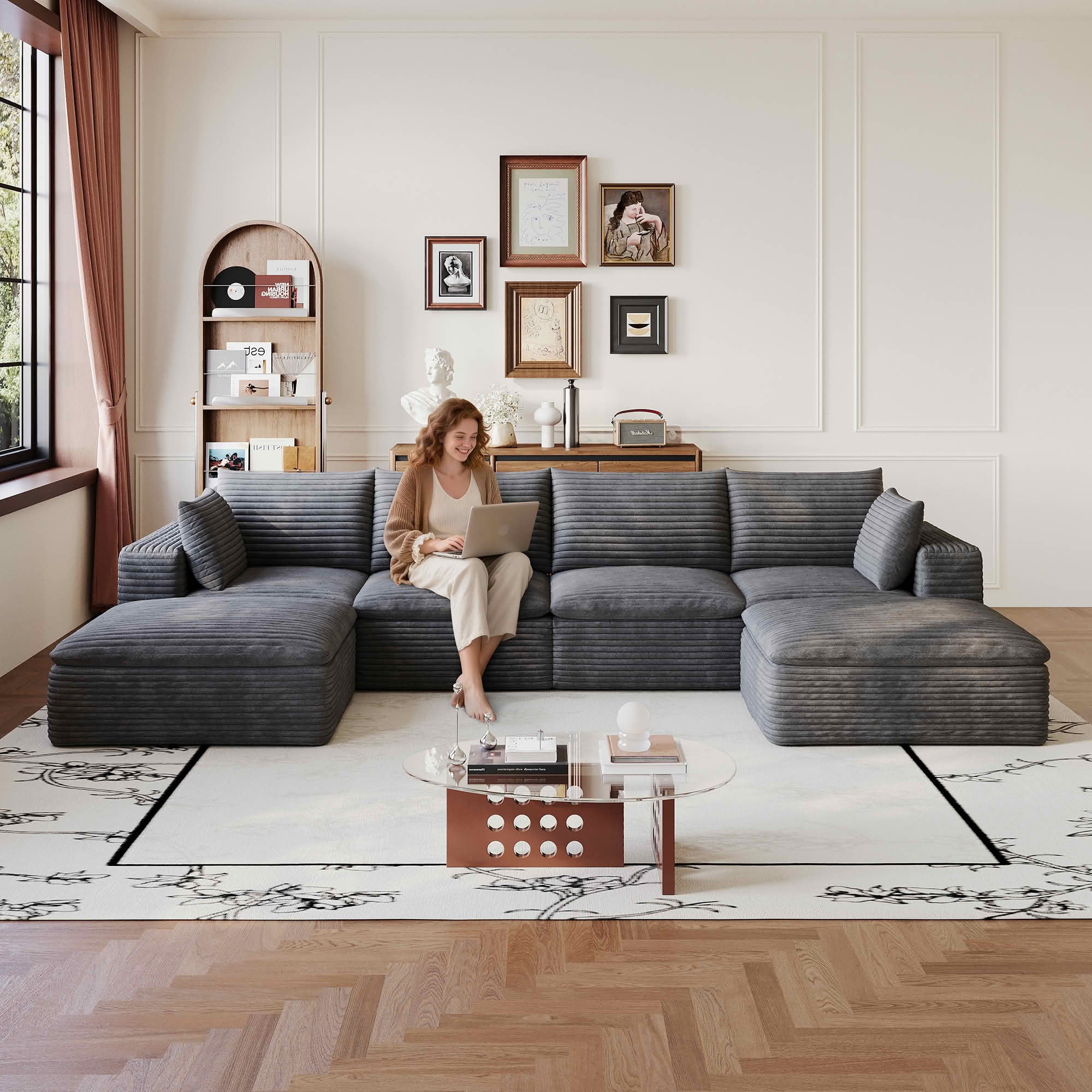 MAYEERTY 134 Inch Corduroy Cloud Floor Sofa, Modular Couch with Detachable Double-Layer Cushion, No Assembly Furniture for Home & Office