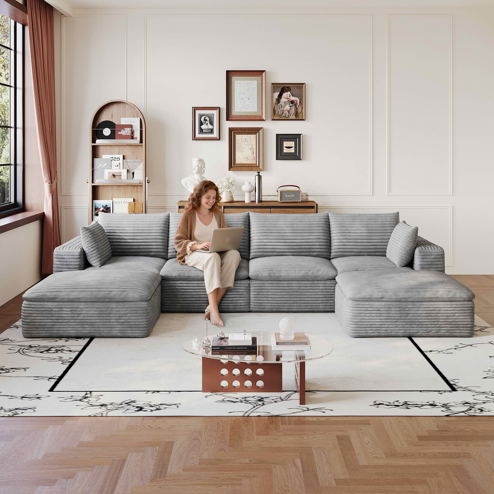 MAYEERTY 134 Inch Corduroy Cloud Floor Sofa, Modular Couch with Detachable Double-Layer Cushion, No Assembly Furniture for Home & Office