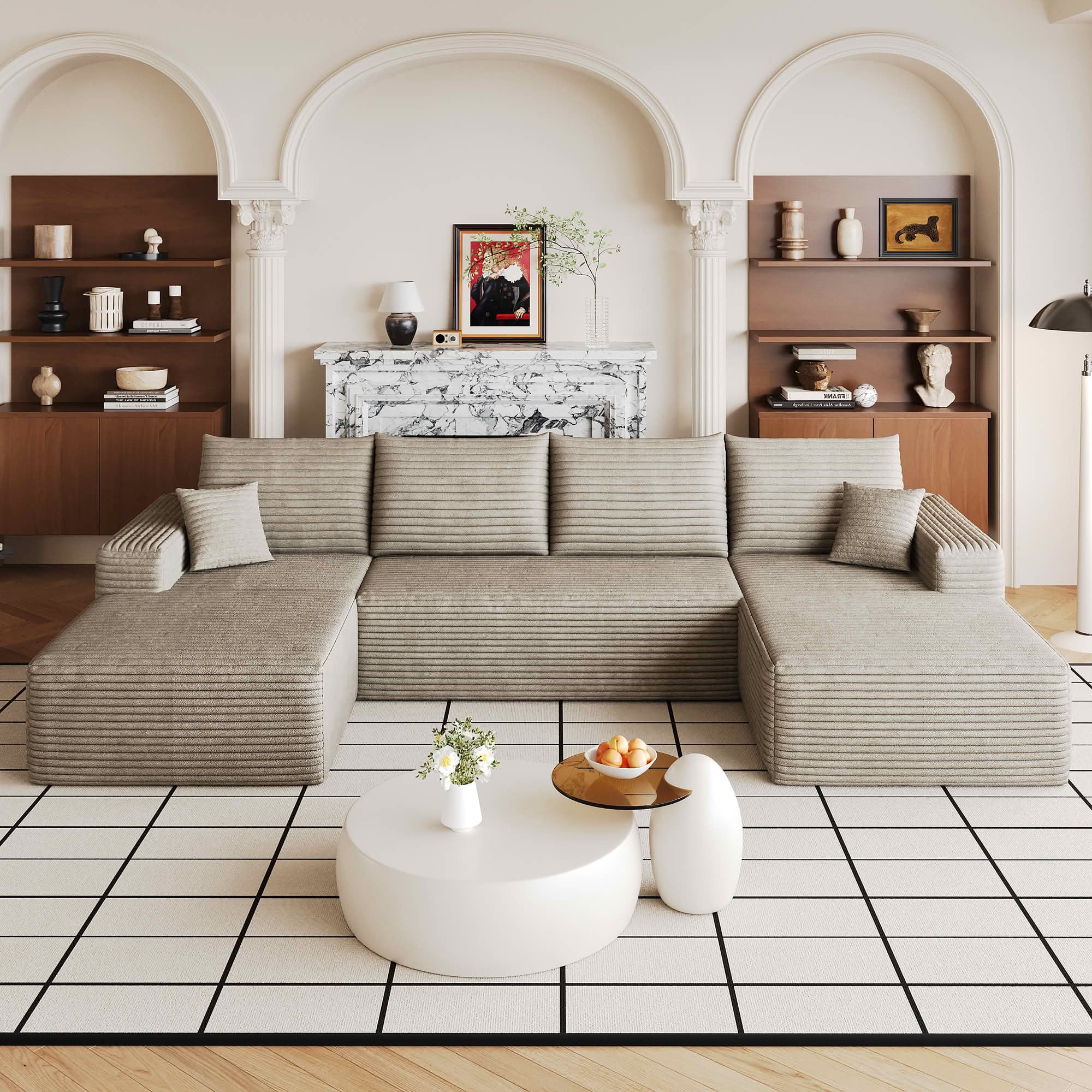 MAYEERTY 134 Inch U‑Shaped Cloud Sectional Sofa, Modern Minimalist Plush Corduroy Deep‑Seat Couch, No Assembly Required for Living Room Apartment Bedroom