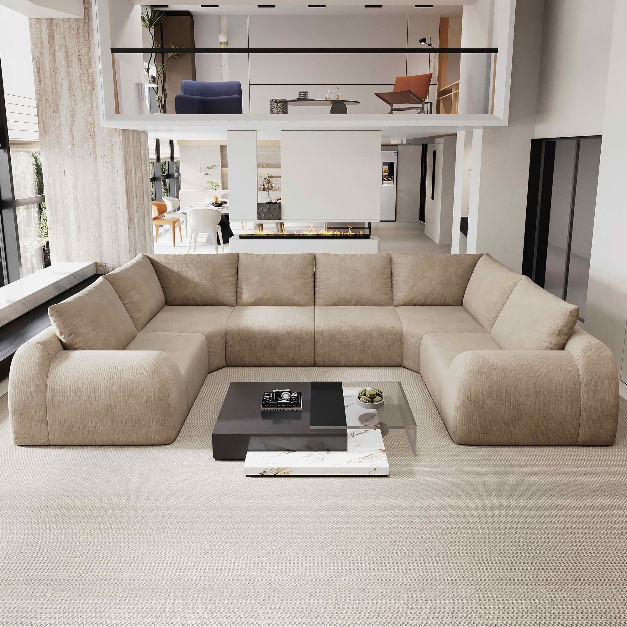 MAYEERTY 135.5 Inch 6-Seat U Shape Cloud Modular Sectional Sofa, Vacuum Compressed Chenille Fabric Couch, No Assembly Needed for Living Room