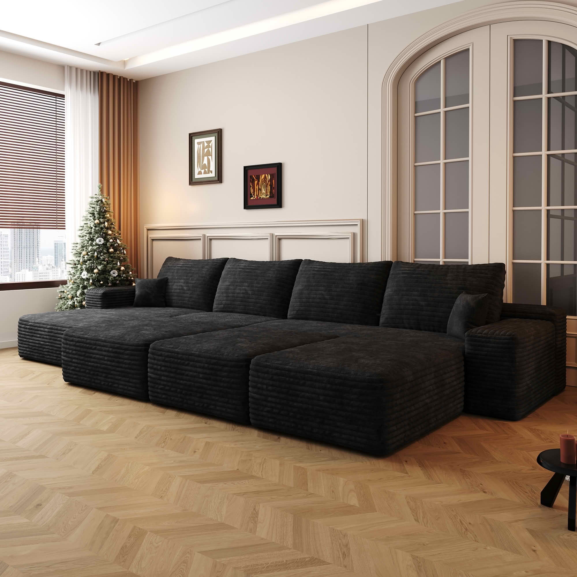 MAYEERTY 135" 6-Seat Modular Cloud Sofa Bed, Large Size Living Room Sofa, Plush Corduroy Fabric, No Assembly Required, Black