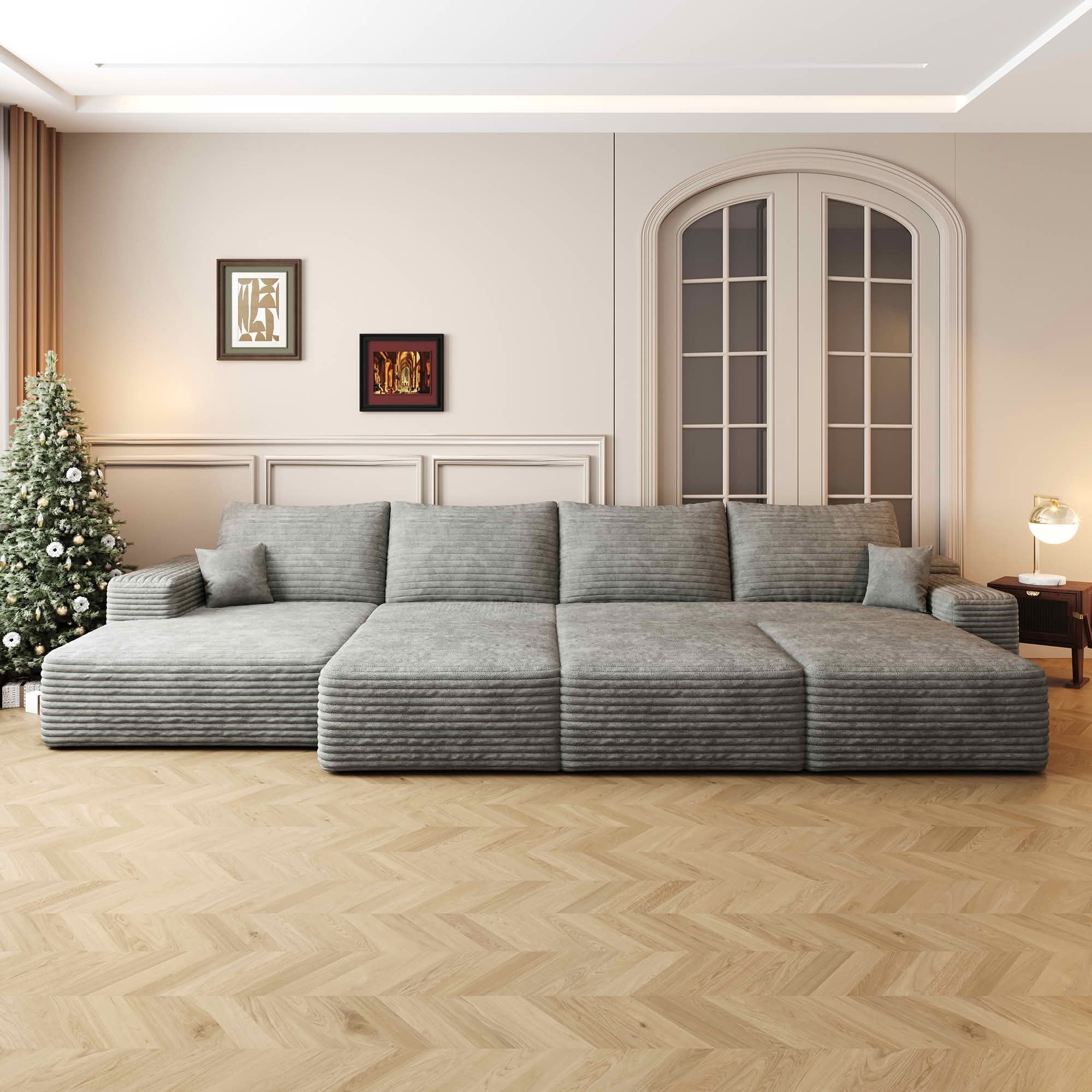MAYEERTY 135" 6-Seat Modular Cloud Sofa Bed, Large Size Living Room Sofa, Plush Corduroy Fabric, No Assembly Required, Gray