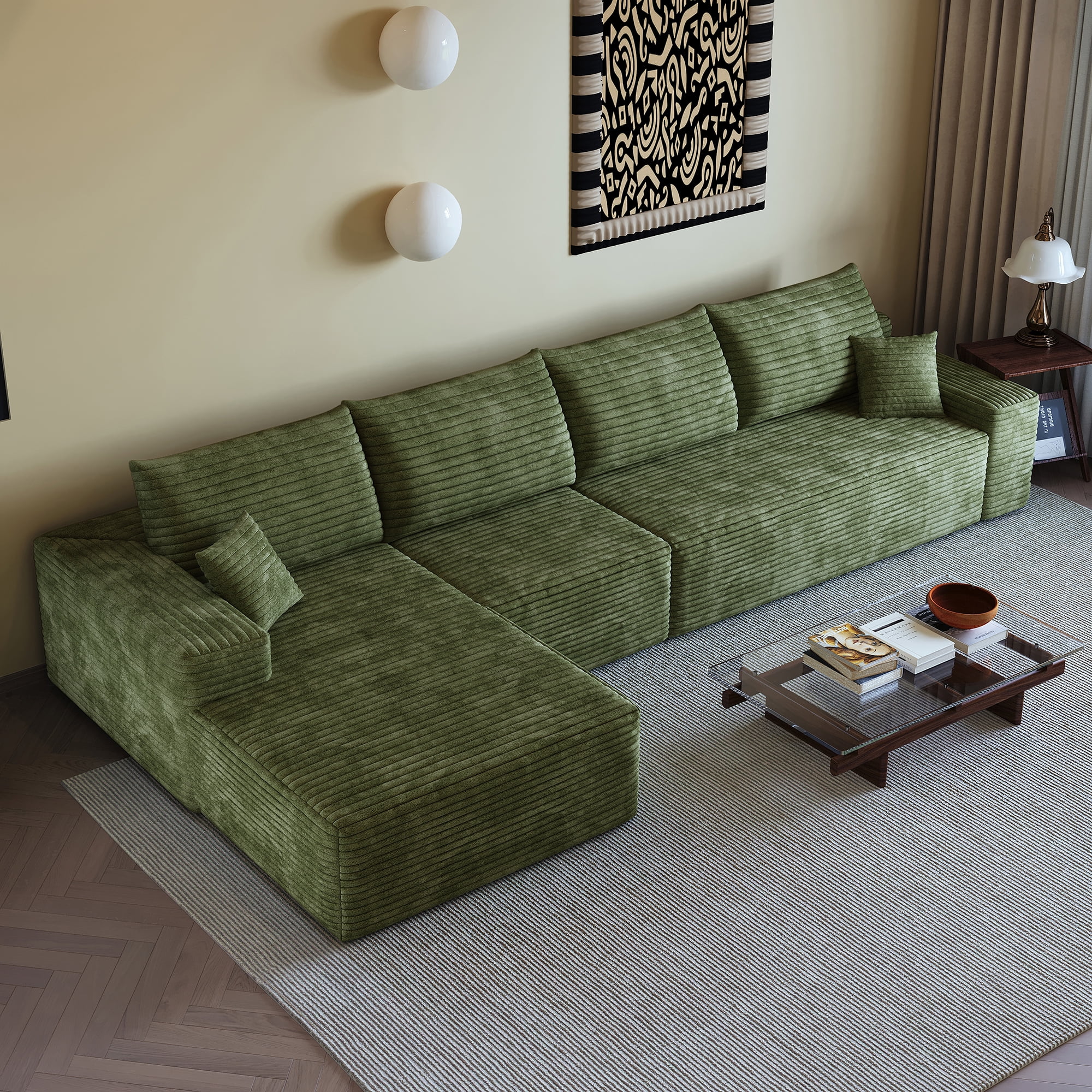 MAYEERTY 135" Cloud Sectional Couch Green Plush Corduroy L-Shape Chaise Deep Seat No Assembly Living Room/Bedroom
