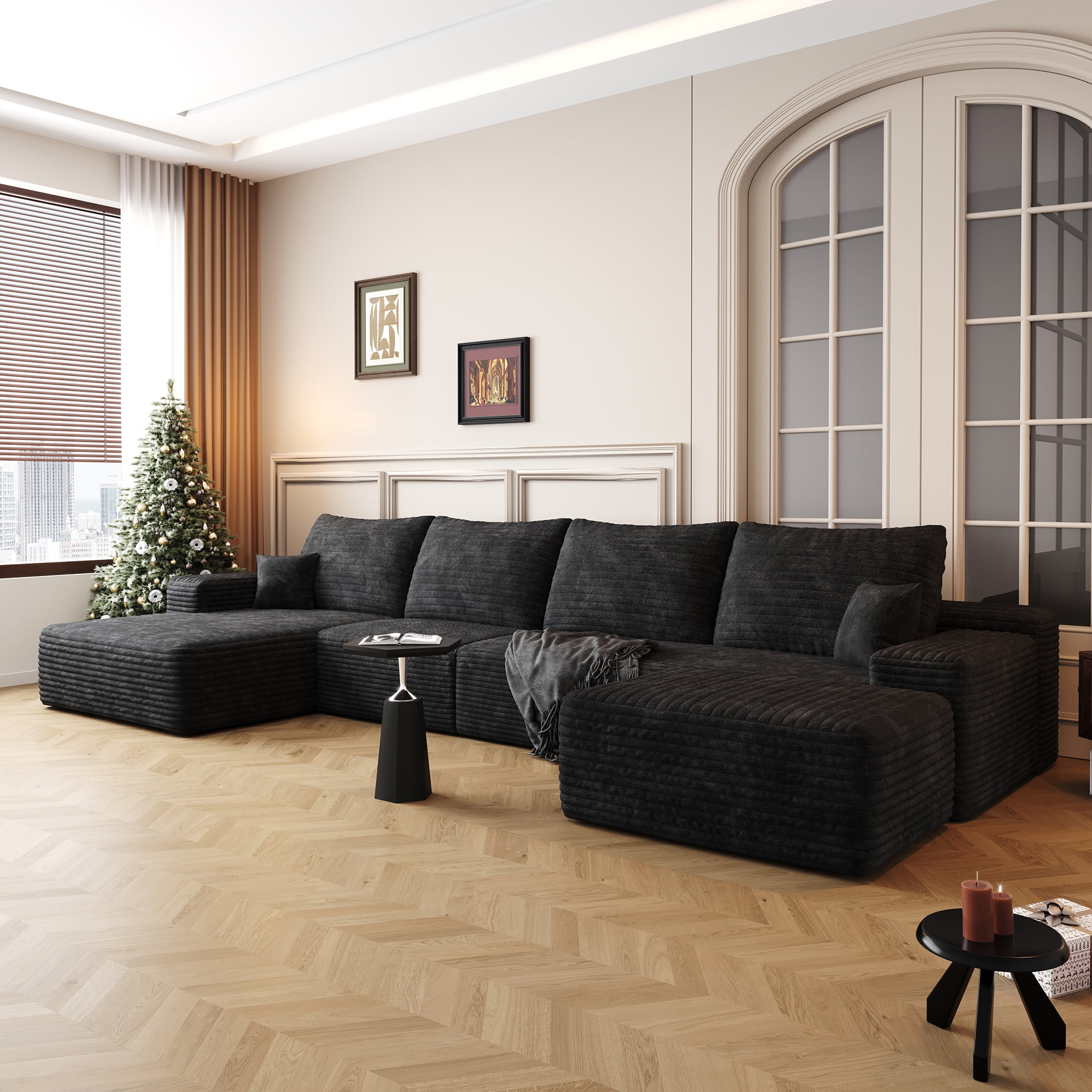 MAYEERTY 135" Cloud Sectional Couch Modern Modular Sofa for Living Room No Assembly Required, BLACK