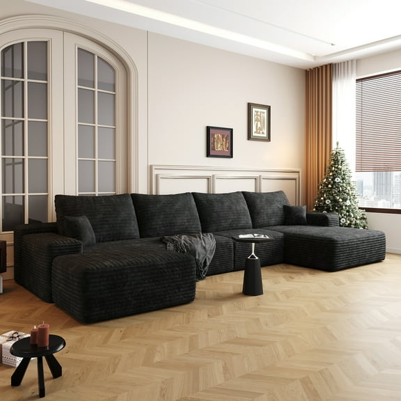 MAYEERTY 135" Cloud Sectional Couch Modern Modular Sofa for Living Room No Assembly Required, BLACK