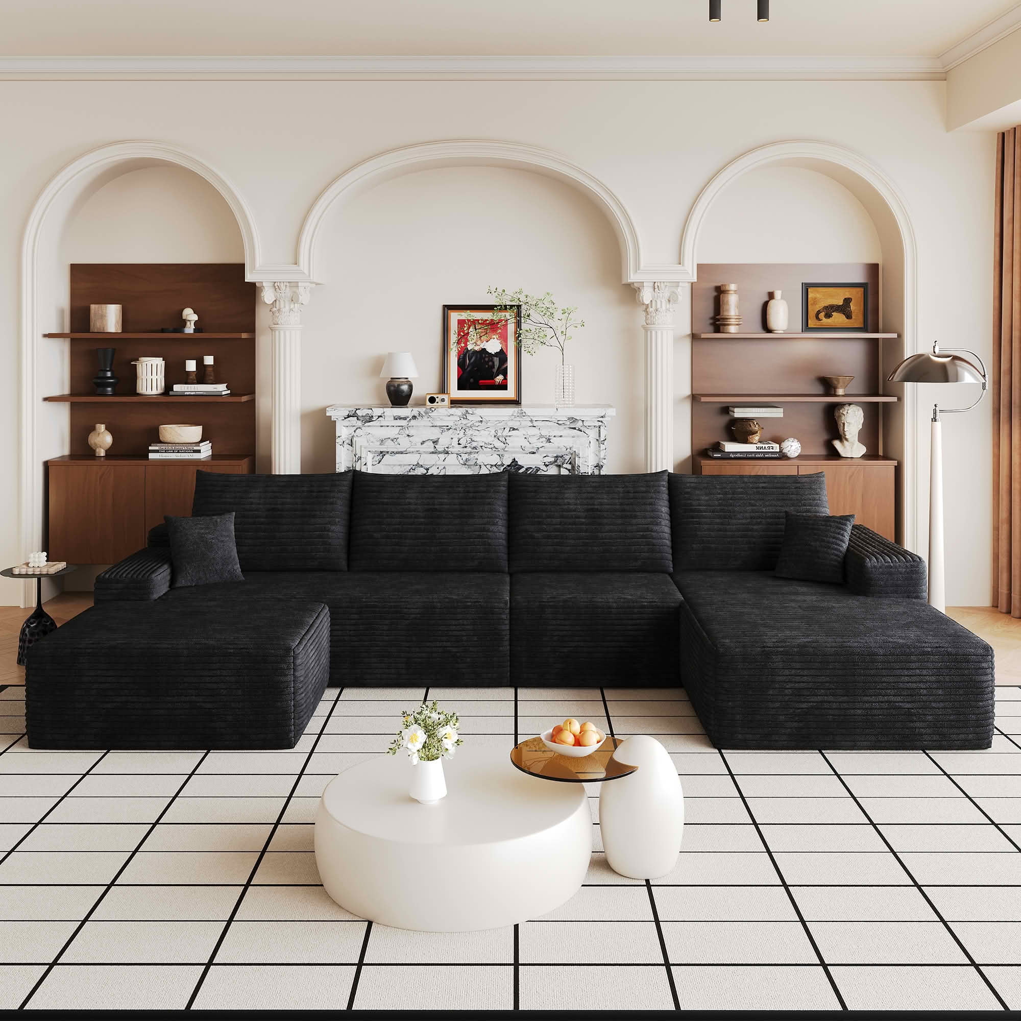 MAYEERTY 135-Inch Black Plush Corduroy 5-Seat U-Shaped Cloud Modular Sectional Sofa, Deep Seat Corner Couch with Ottoman No Assembly Required