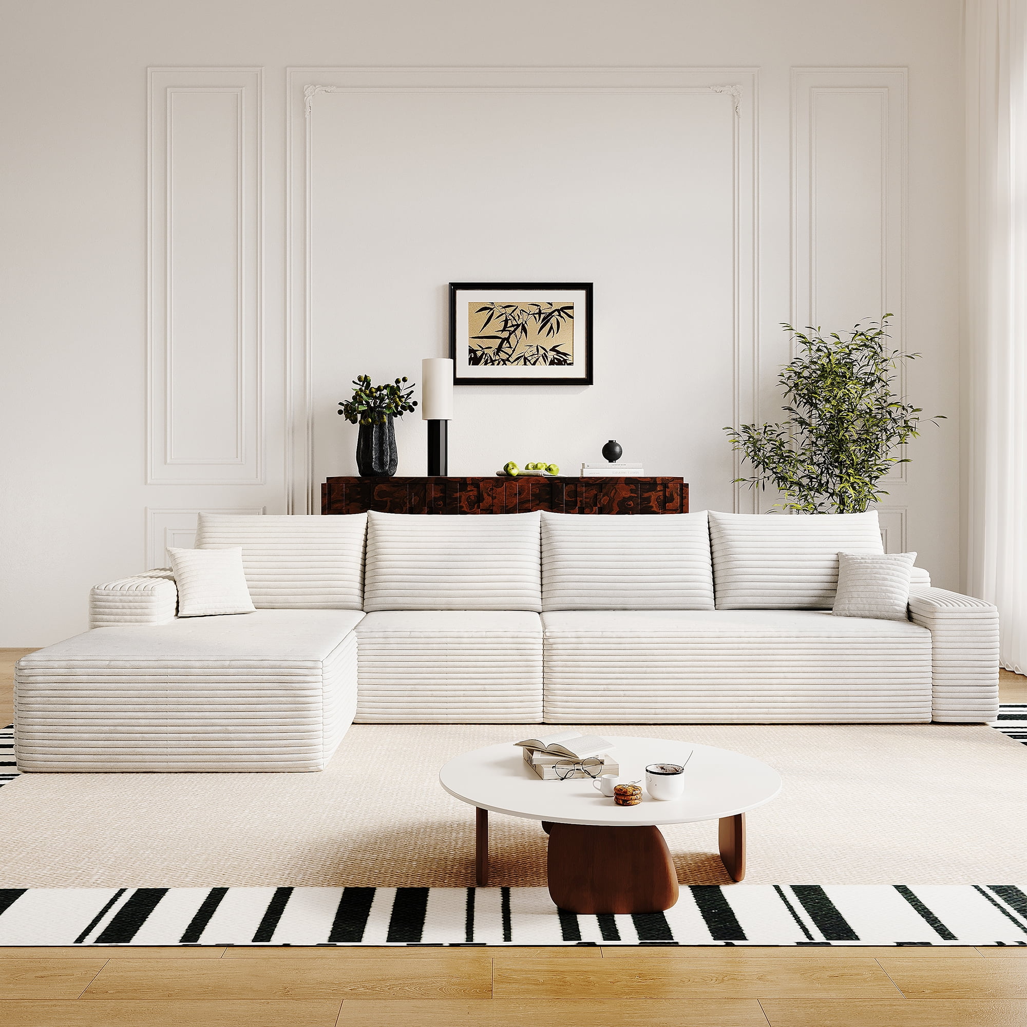MAYEERTY 135" Cloud Sectional Couch with L-Shape Chaise, Modern Modular Deep Seat Sofa, No Assembly Plush Corduroy Fabric, White (3 packages)