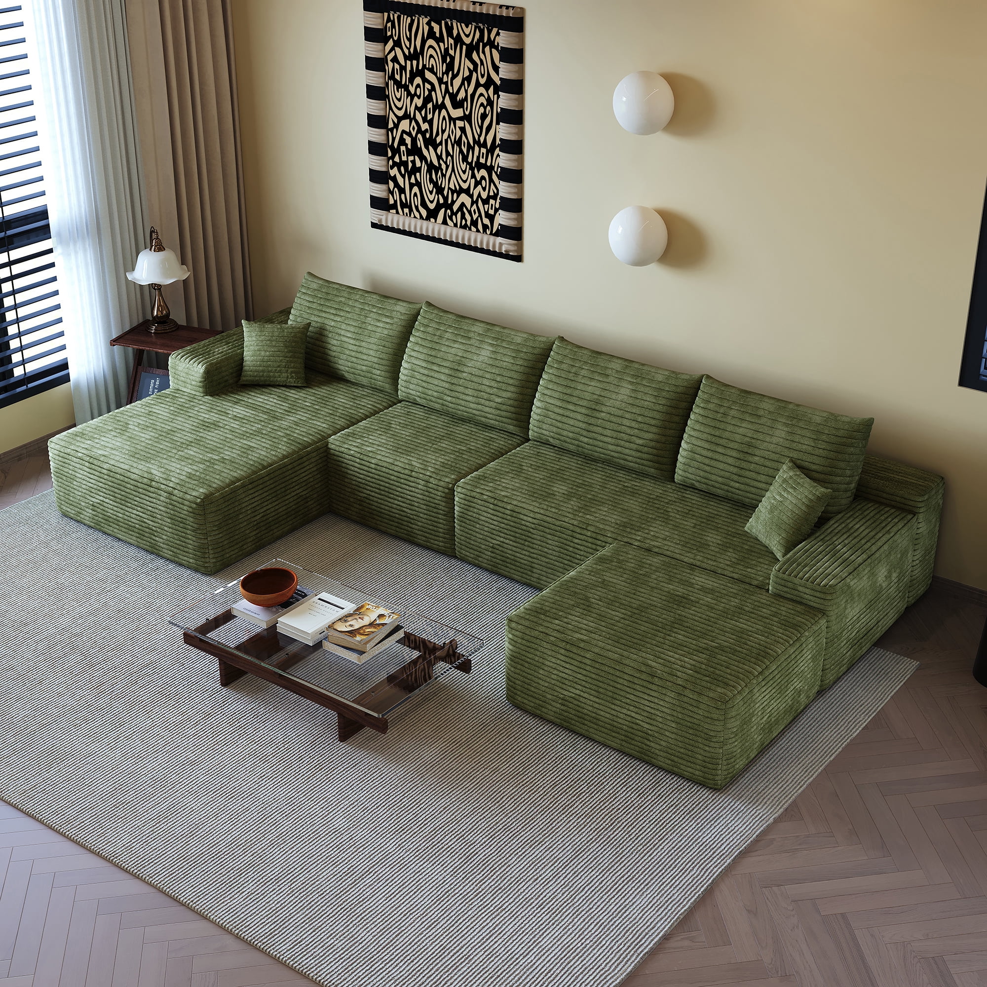 MAYEERTY 135" Cloud Sectional Sofa Green Plush Corduroy Fabric with 1 Ottoman Modern Minimalist Upholstered Couch Deep Seat Corner Sofa for Living Room No Assembly Required