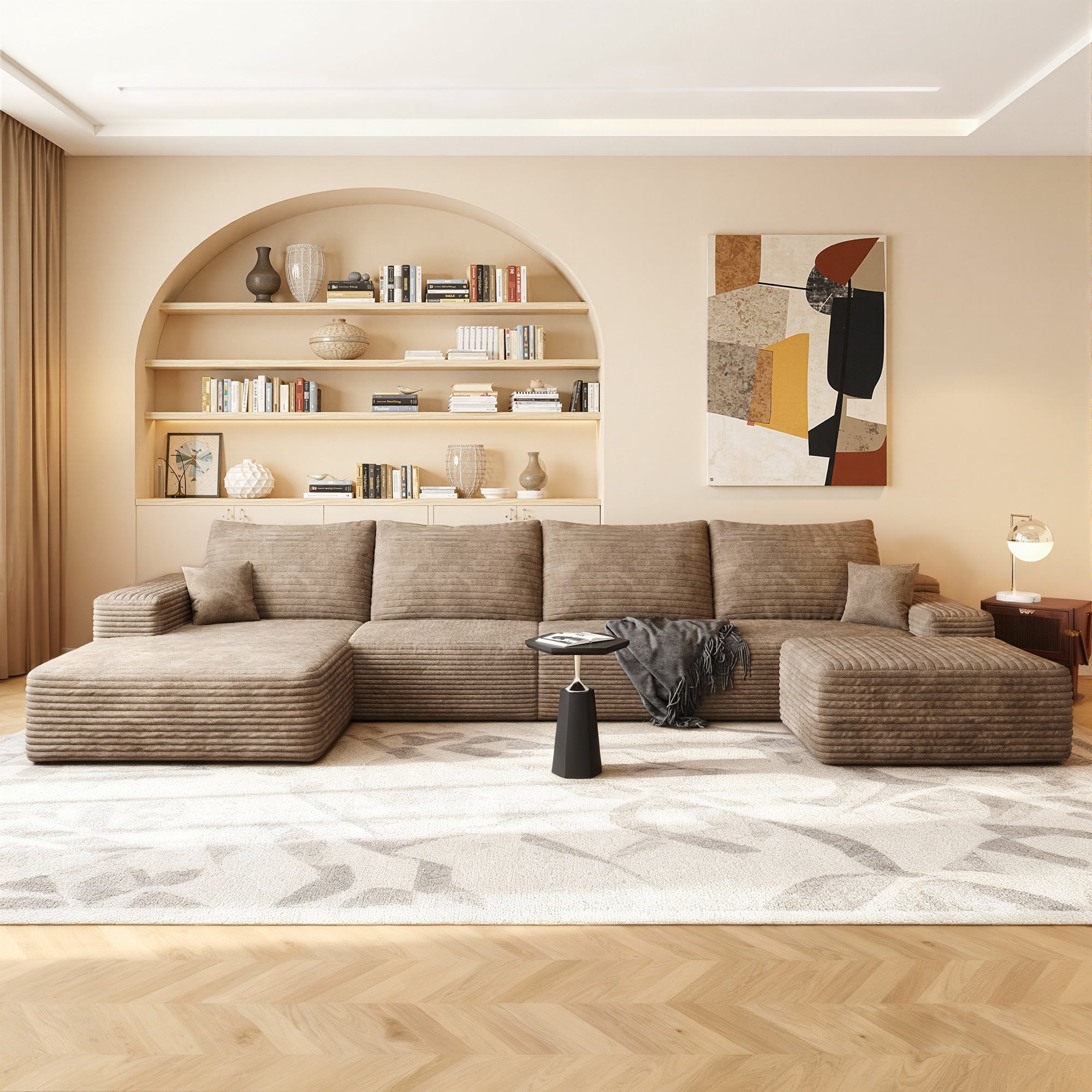 MAYEERTY 135" Cloud Sectional Sofa with 1 Ottoman, Modern Minimalist U-Shaped Deep Seat Couch, No Assembly Plush Corduroy Fabric, Camel (4 packages)