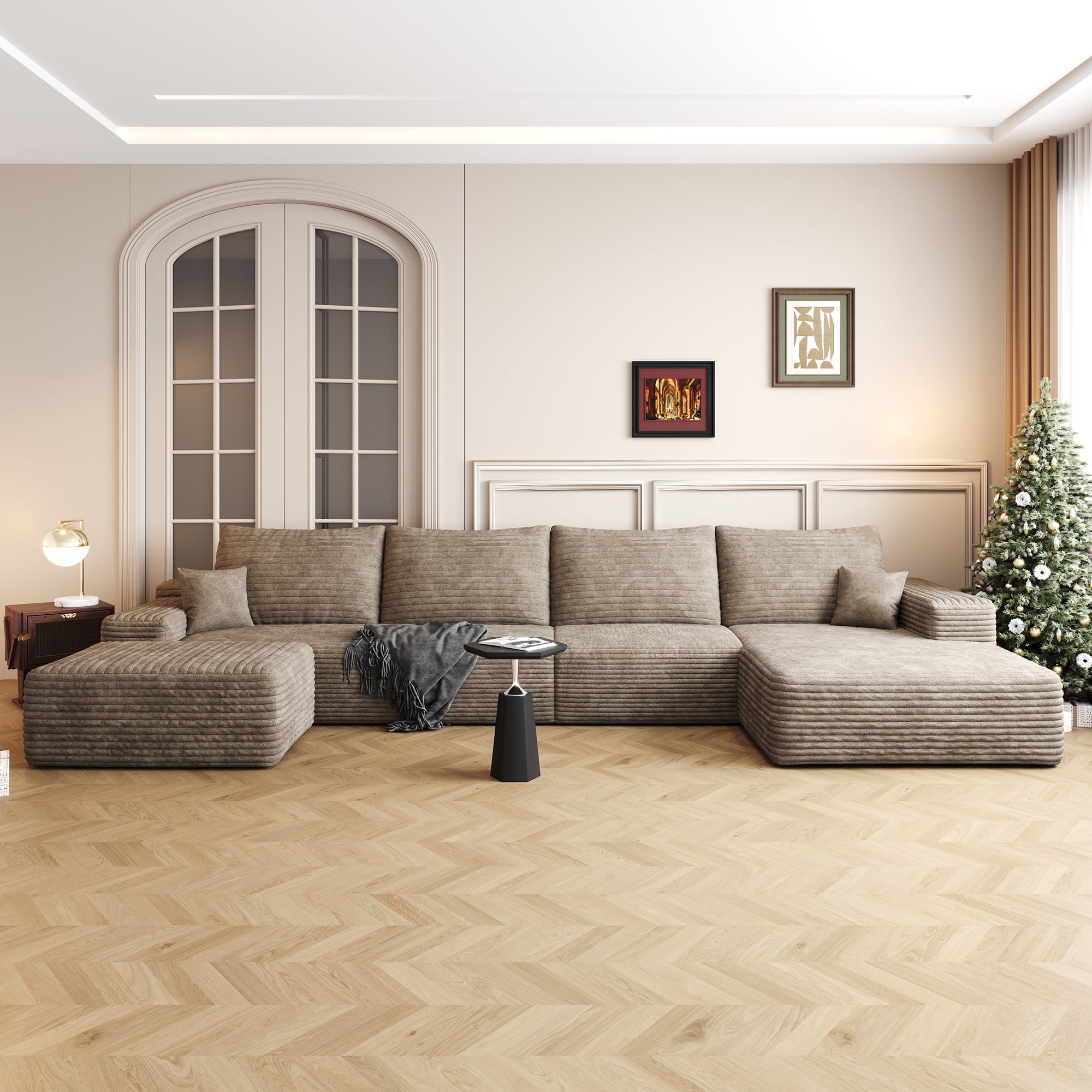 MAYEERTY 135" Cloud Sectional Sofa with 1 Ottoman, Modern Minimalist U-Shaped Deep Seat Couch, No Assembly Plush Corduroy Fabric, Camel (4 packages)