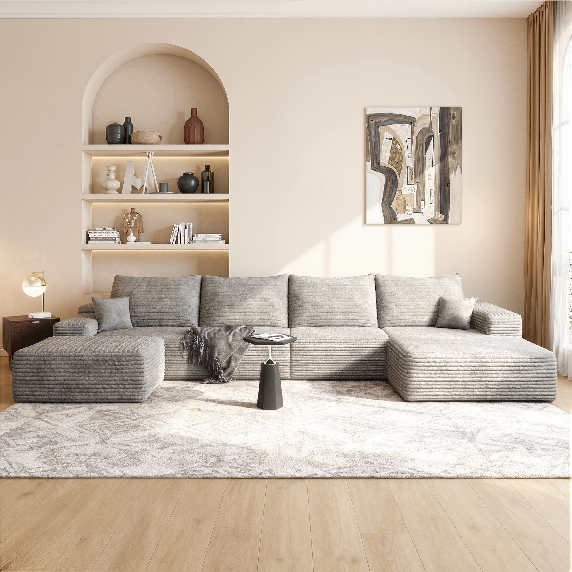 MAYEERTY 135" Cloud Sectional Sofa with 1 Ottoman, Modern Minimalist U-Shaped Deep Seat Couch, No Assembly Plush Corduroy Fabric, Gray (4 packages)