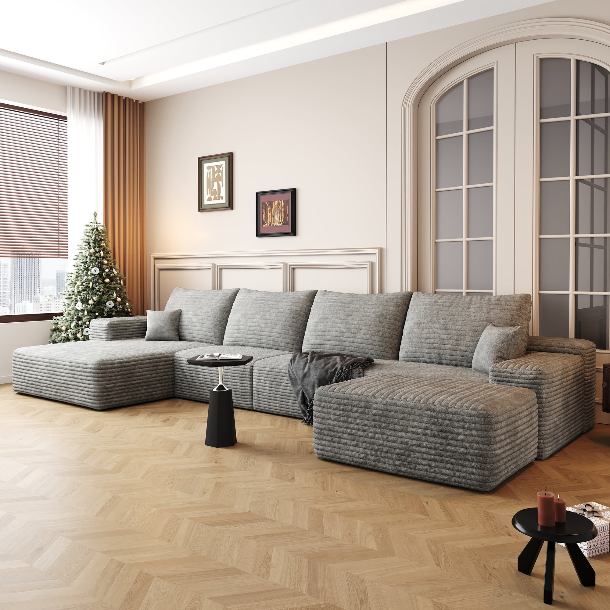 MAYEERTY 135" Cloud Sectional Sofa with 1 Ottoman, Modern Minimalist U-Shaped Deep Seat Couch, No Assembly Plush Corduroy Fabric, Gray (4 packages)