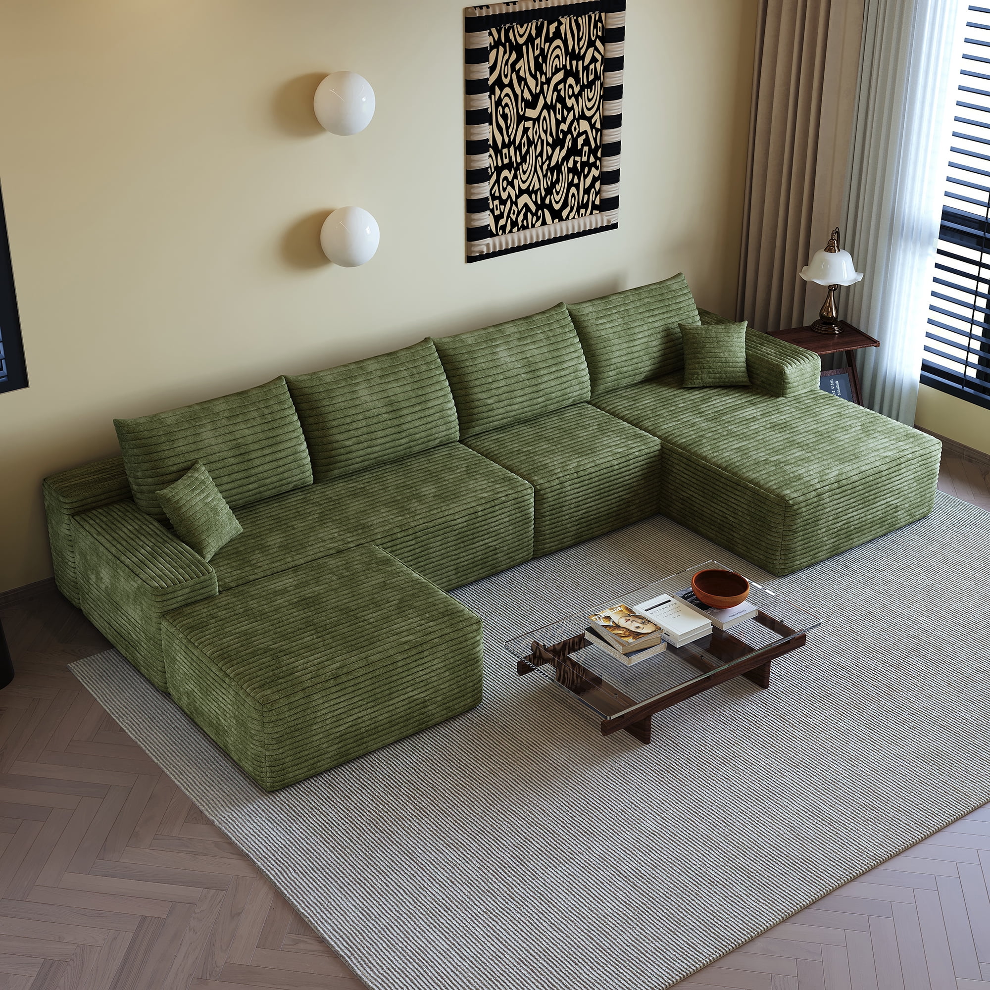 MAYEERTY 135" Cloud Sectional Sofa with 1 Ottoman, Modern Minimalist U-Shaped Deep Seat Couch, No Assembly Plush Corduroy Fabric, Green (4 packages)